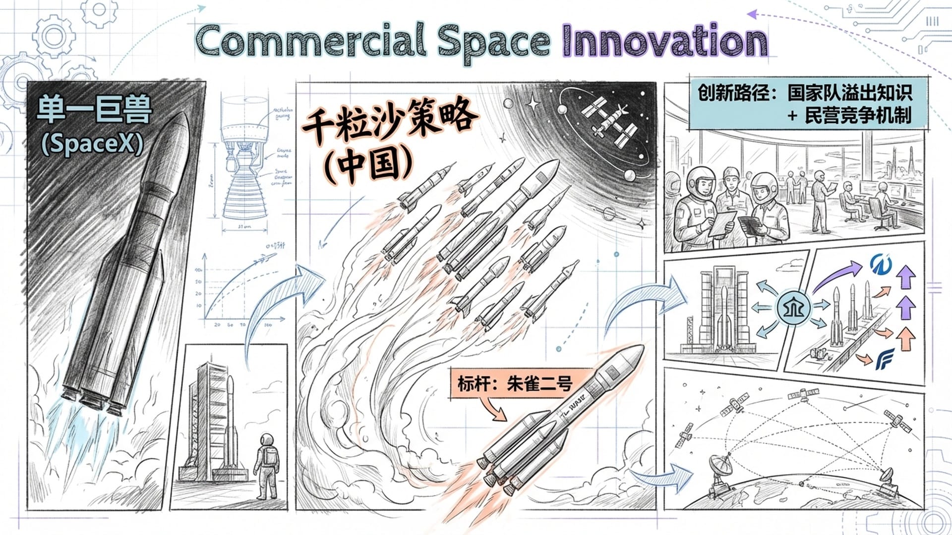 商业火箭发射剪影，对比单枚巨大火箭（SpaceX）与‘千粒沙’式的小型火箭集群射向深空。