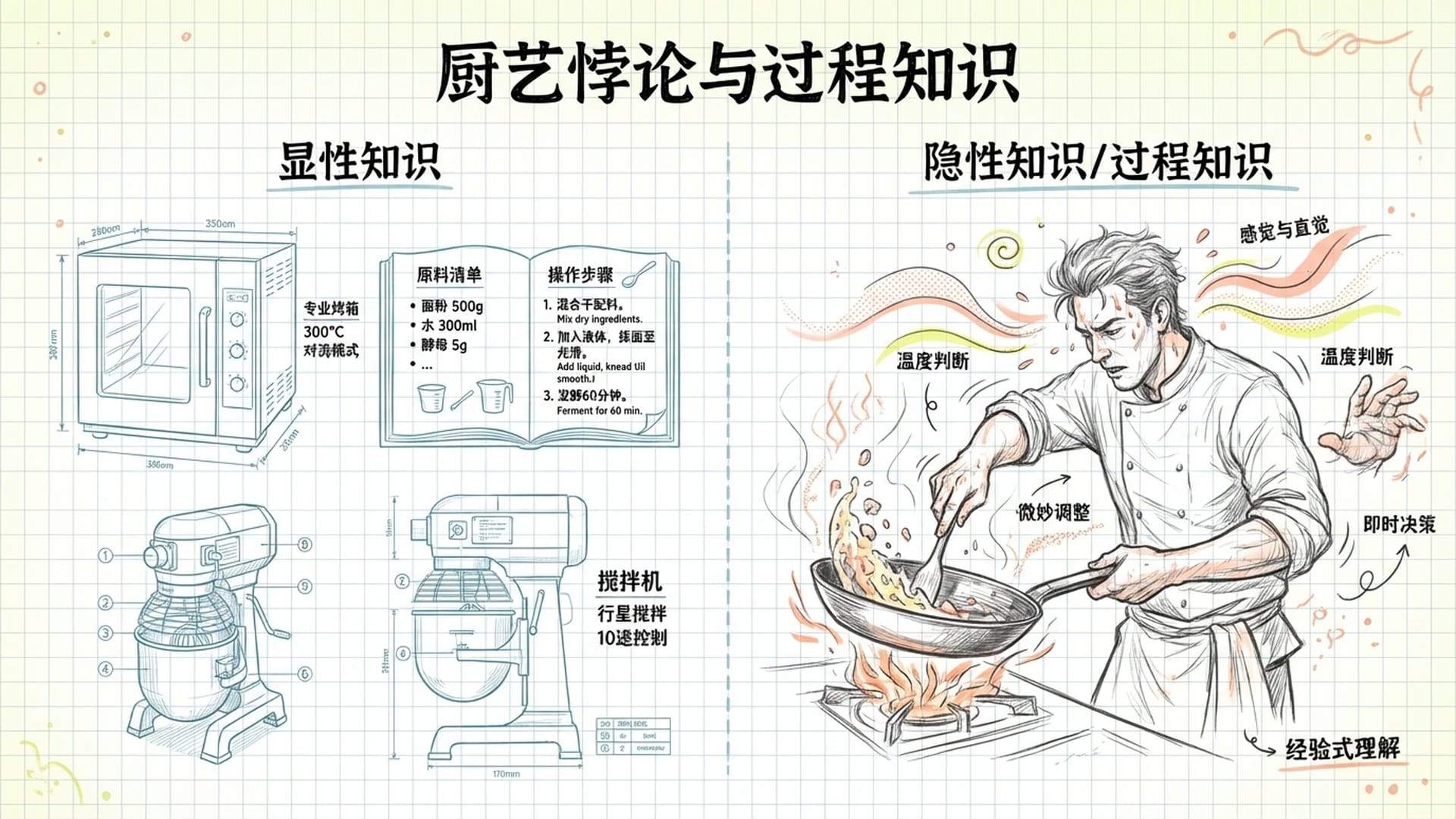 ‘厨房悖论’插画。左侧是顶级厨具和菜谱（专利/图纸），右侧是厨师流汗工作的动态（过程知识/隐性经验）。