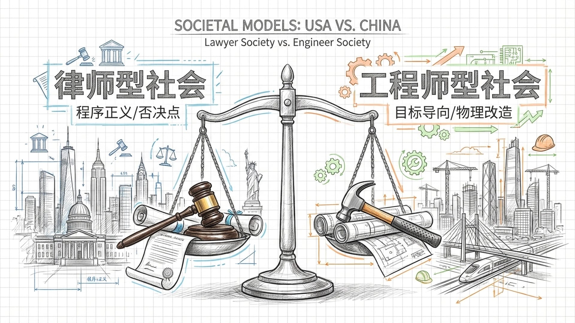 对比天平，一端放置法槌与法律卷宗代表美国，一端放置工业大锤与建筑蓝图代表中国，背景为各自的城市景观。