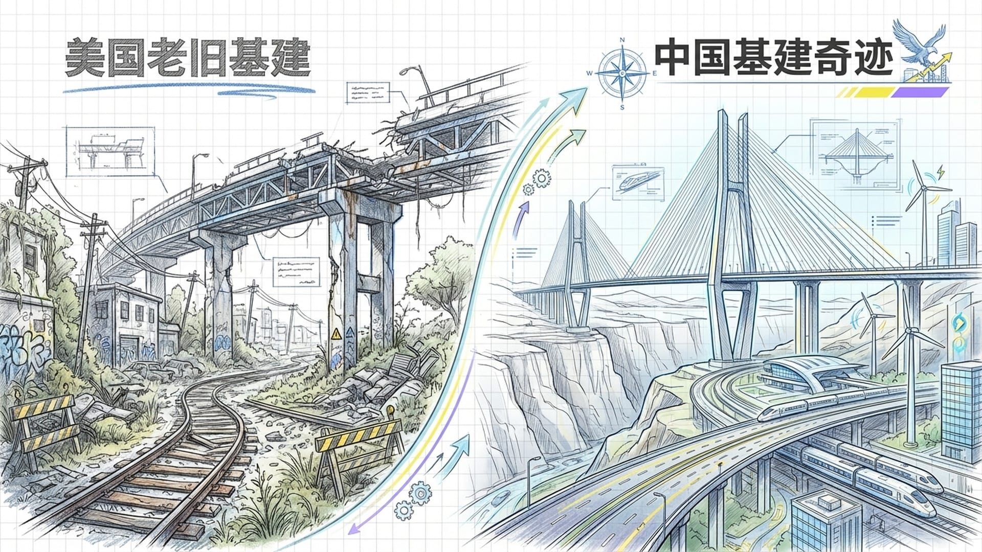 美国老旧基建（生锈铁轨）与中国贵州高山大桥的极度反差，强调‘否决政治’与‘挖土机模式’的差异。