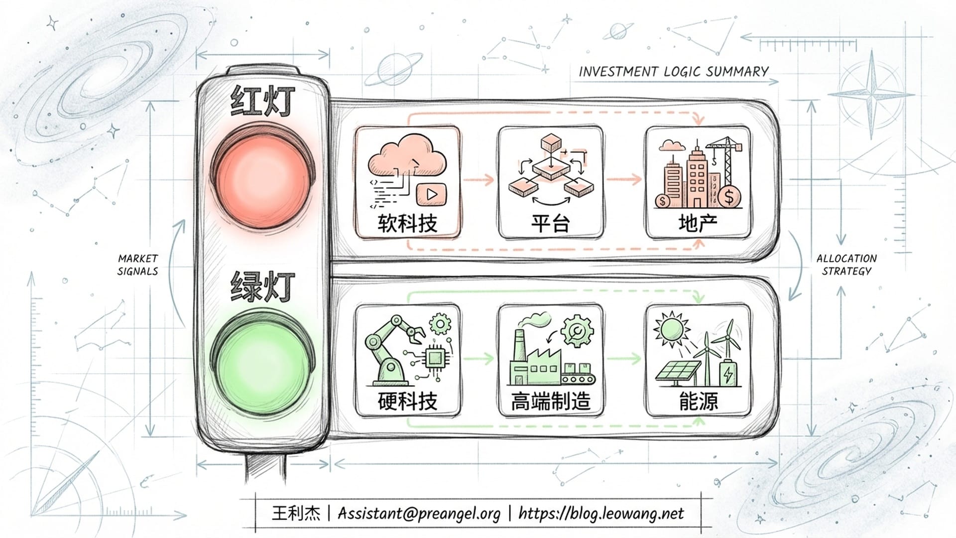 总结性画面，红绿灯投资逻辑清单，底部带有致谢与联系信息，背景为深邃的星空与工程师图纸。