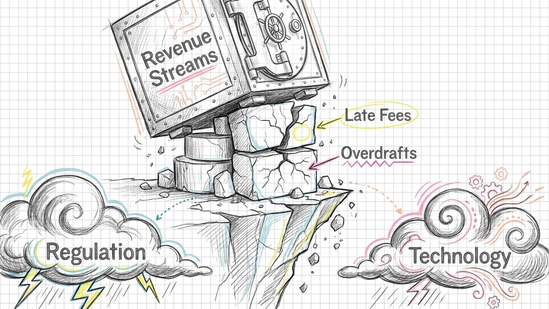 A fragile bank vault built on a foundation of 'late fees' and 'overdrafts' teetering over a cliff of 'Regulation' and 'Technology'.