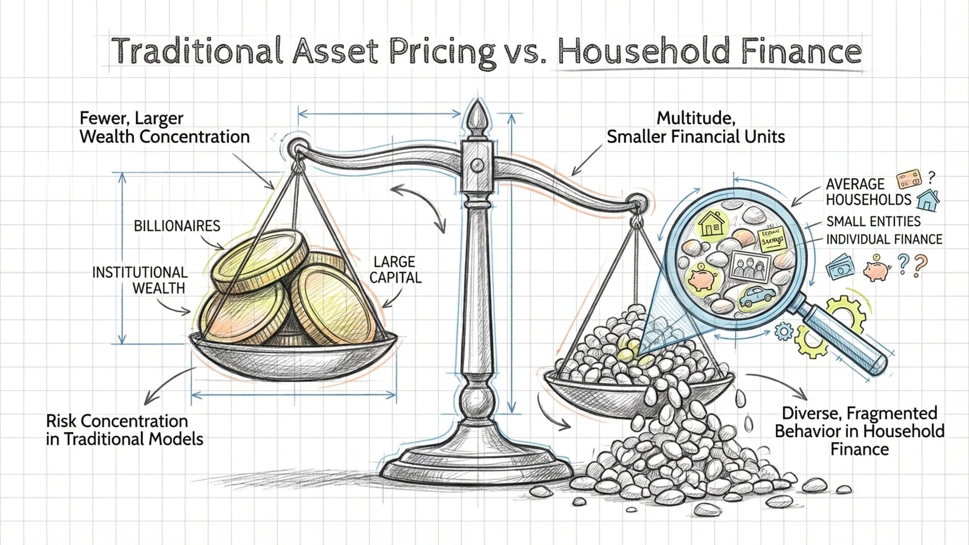 A scale weighing a few large gold coins (billionaires) against a swarm of tiny gray pebbles (average households). A magnifying glass focusing on the pebbles.