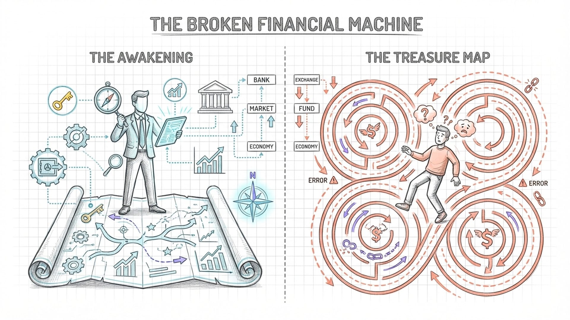 Split visual of a 'sophisticated' investor with a map vs a retail investor caught in a loop. Illustration of a financial ecosystem being dissected.