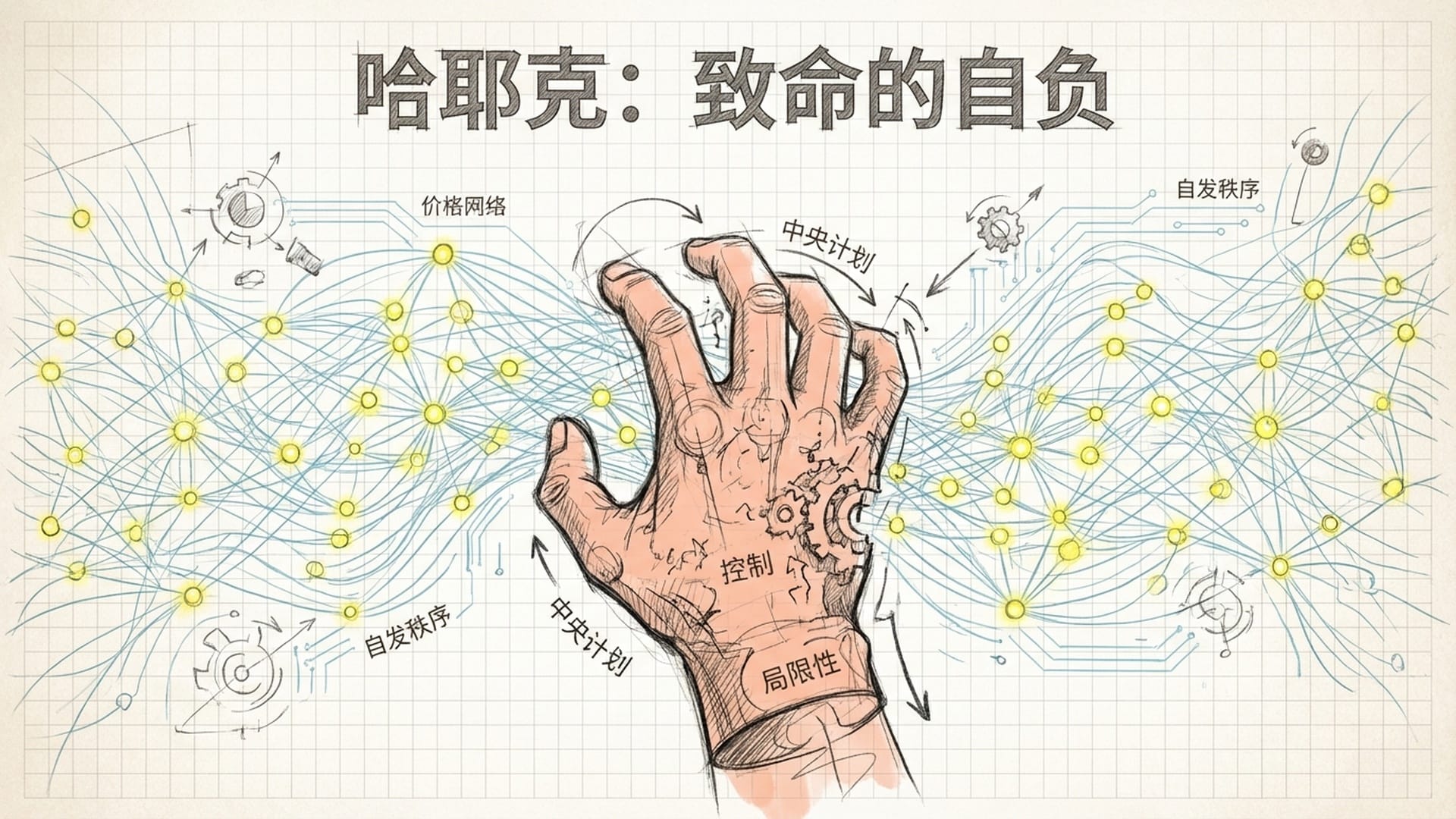 抽象的价格网络图。无数明亮的点（个体）互相连接，中央试图伸出一只巨大的手进行干预，但手显得笨重且无力