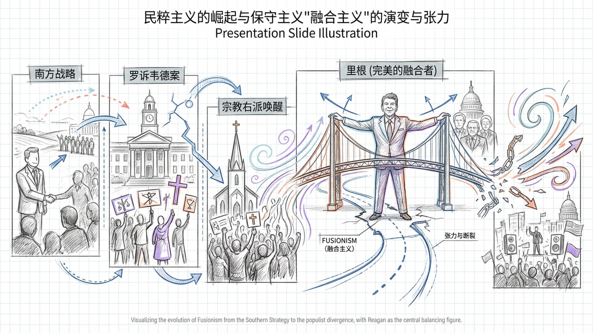 民粹主义的崛起。波普艺术风格，示威的人群，宗教符标，里根的标志性形象在中间维持着动态平衡