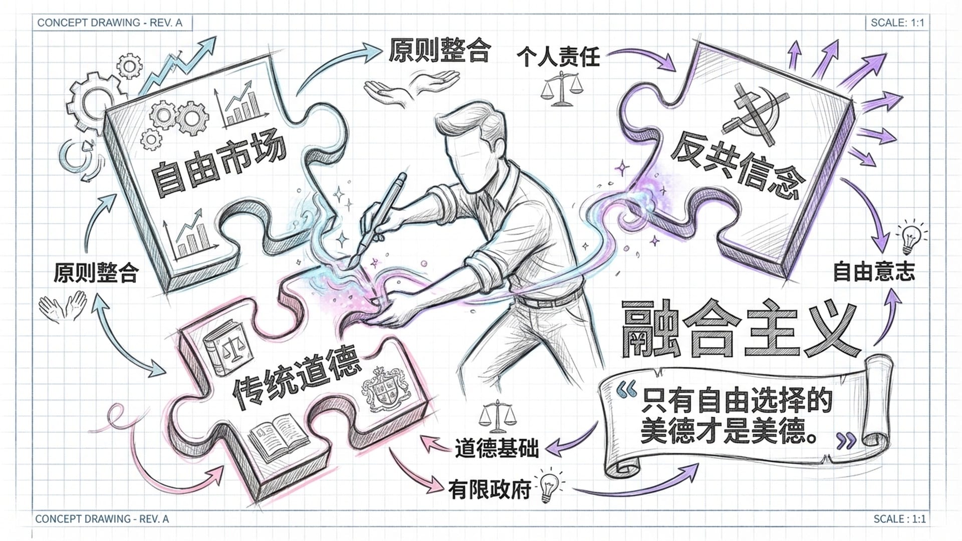 三块散乱的拼图：自由市场、传统道德、反共信念。一位建筑师将它们拼凑在一起，中间的粘合剂闪闪发光