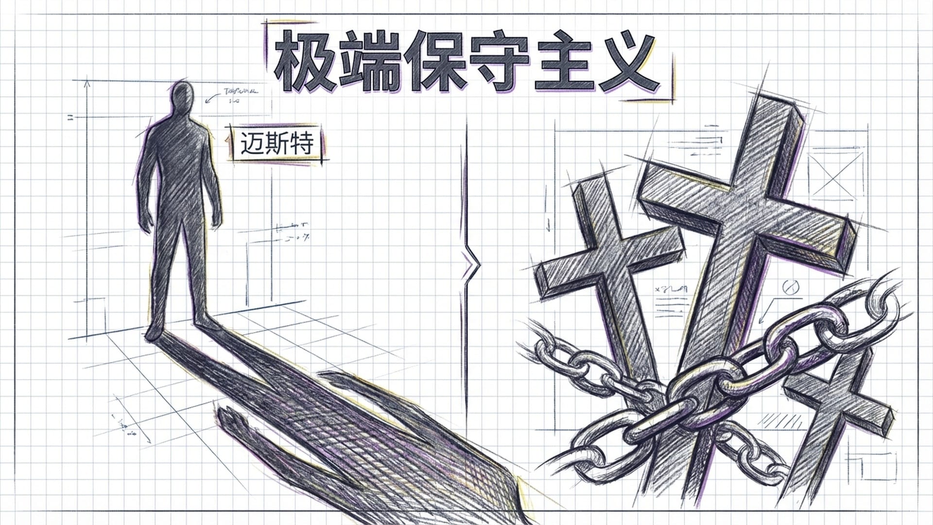 欧洲大陆的阴郁风格。一个人形的阴影代表威权，背景是沉重的宗教十字架和法律的枷锁