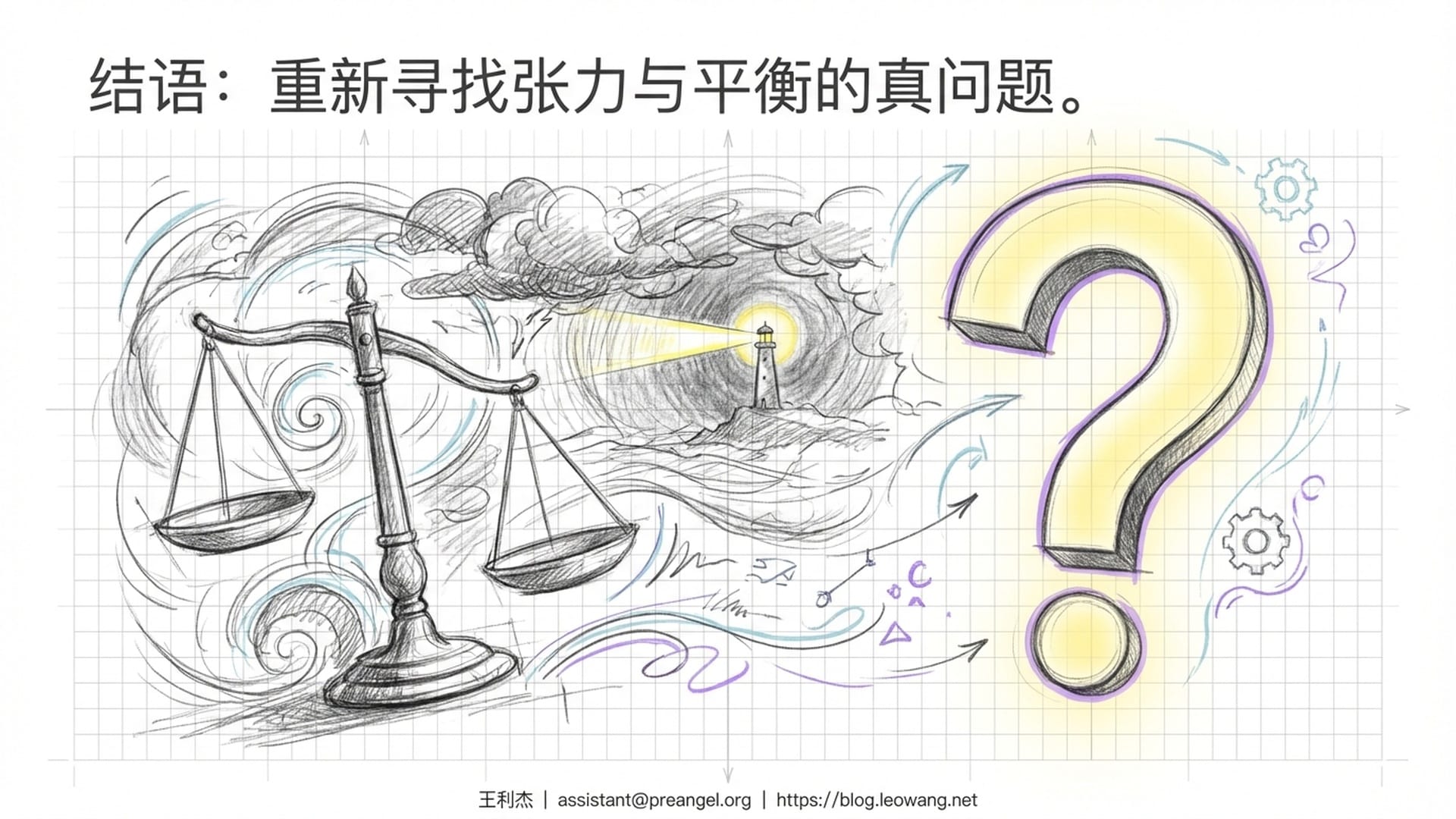 最后一张总结。天平在暴风雨中摇摆，远方有一道微弱的灯塔光