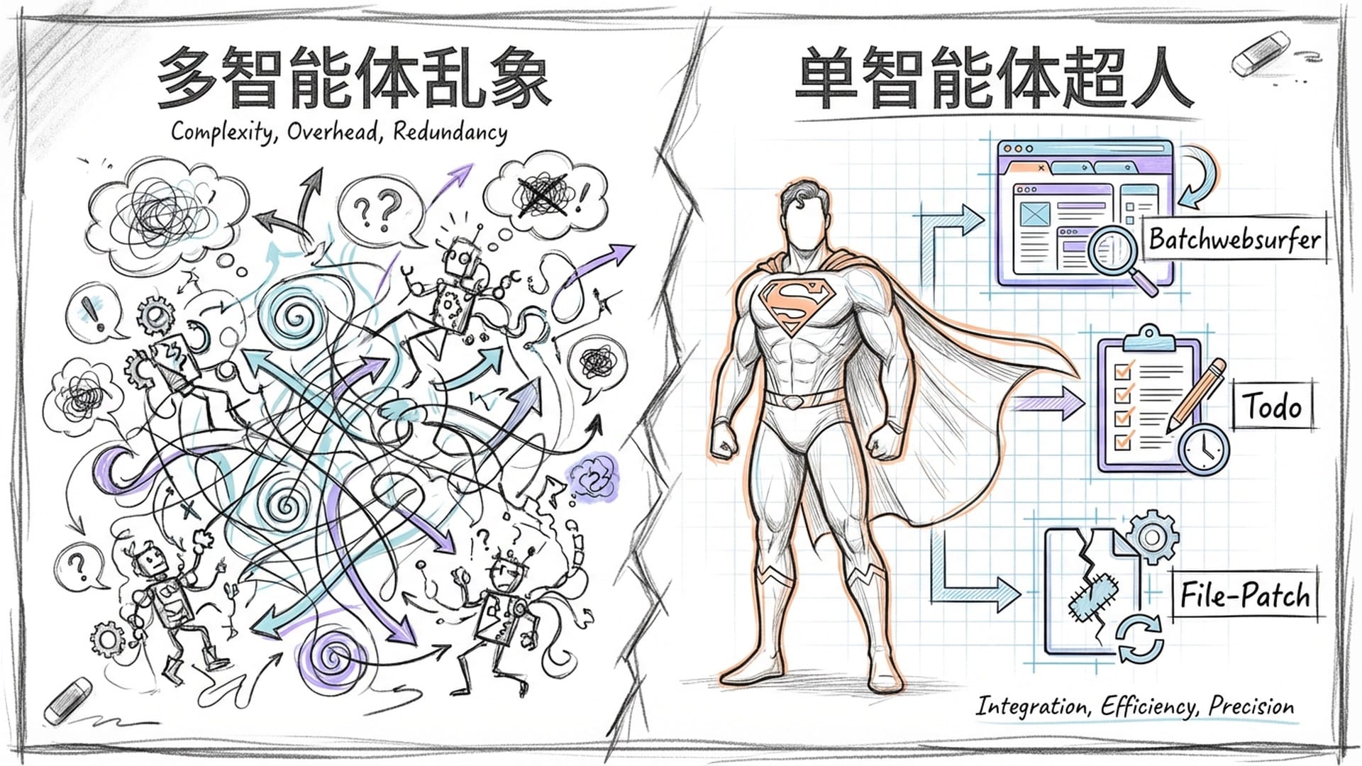 系统架构对比。一边是复杂的多智能体乱象，一边是精简高效的单智能体超人，三个核心工具展示。