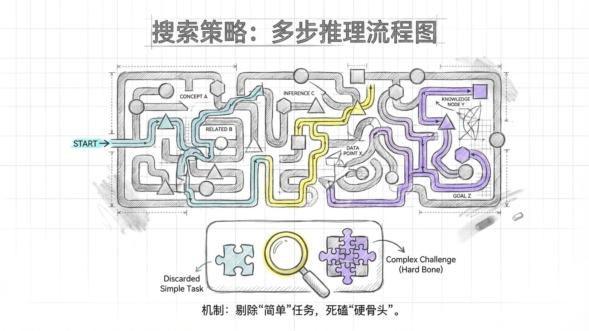 知识图谱迷宫，AI在多个节点间形成连线，寻找隐藏的内在关联，下方配有难度过滤器图标。