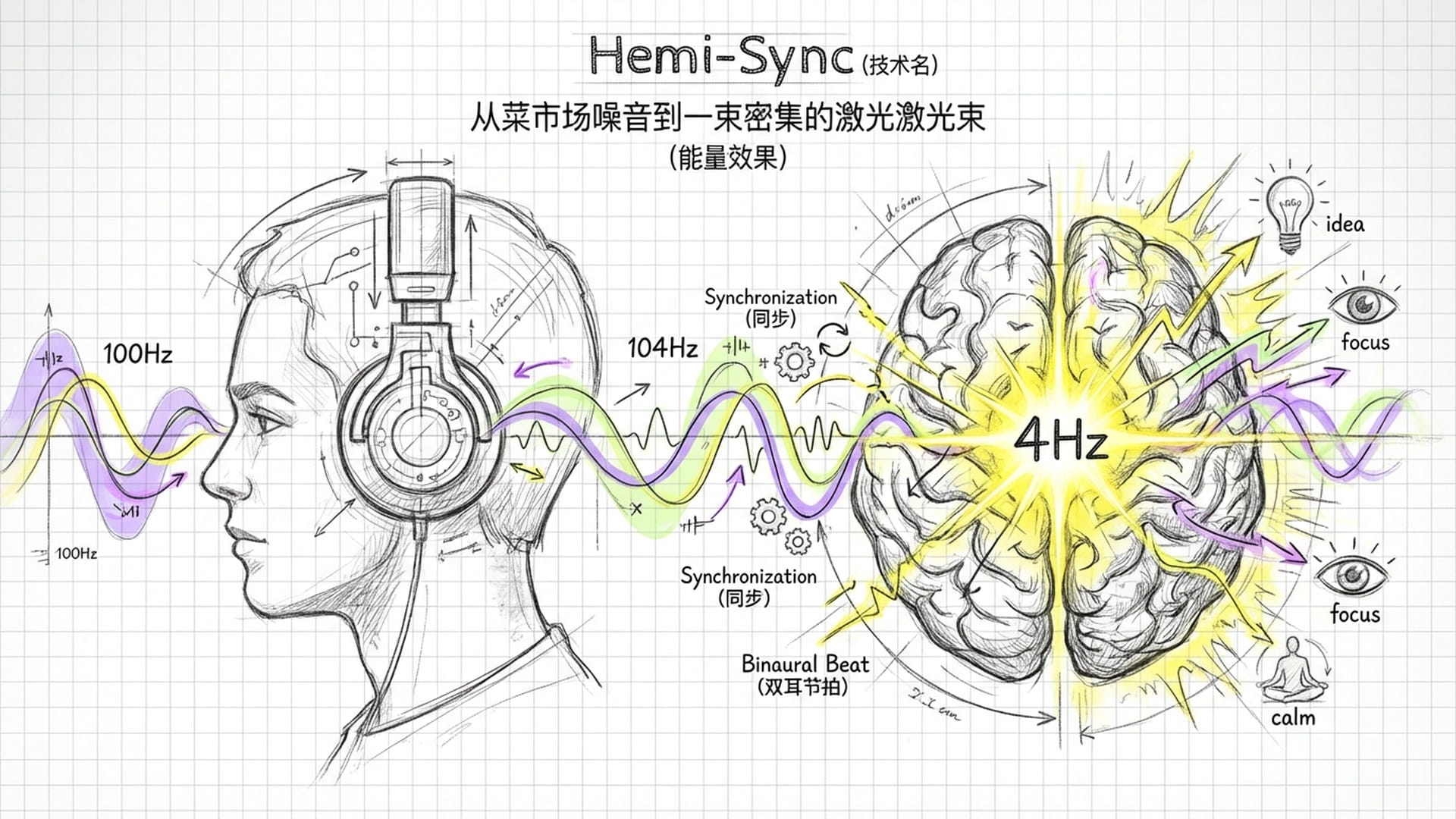 一个人佩戴着巨大的耳机，左耳100Hz，右耳104Hz，大脑正中心产生明亮的4Hz脉冲，左右脑达成完美的镜面同步。