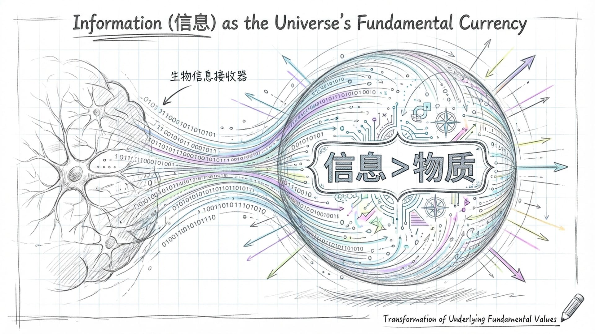 大脑神经元逐渐淡化，转变为发光的各种数据流和0/1代码，形成一个球形的信息场。