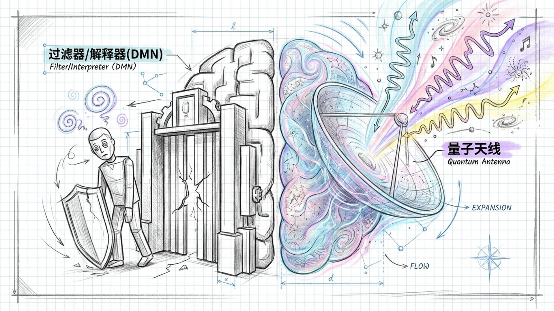 左脑像一个严肃的守卫挡在大门前；门后是广阔、彩色、全息的右脑宇宙，正在接收空中的波段信号。