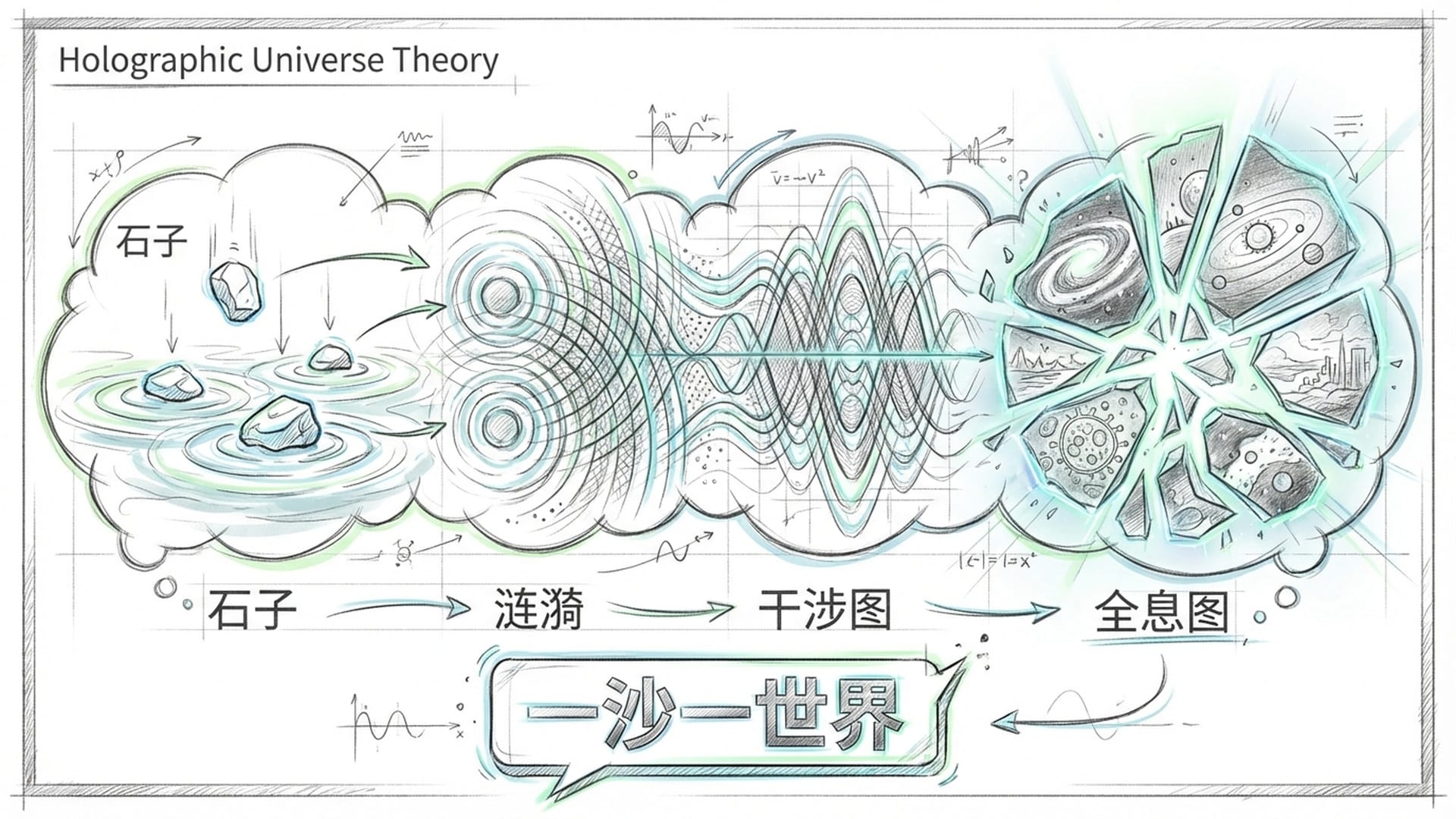 水池中三颗石子激起的涟漪交织成网。一张破碎的全息图，每个碎片里都完整地映照着整个宇宙的缩影。