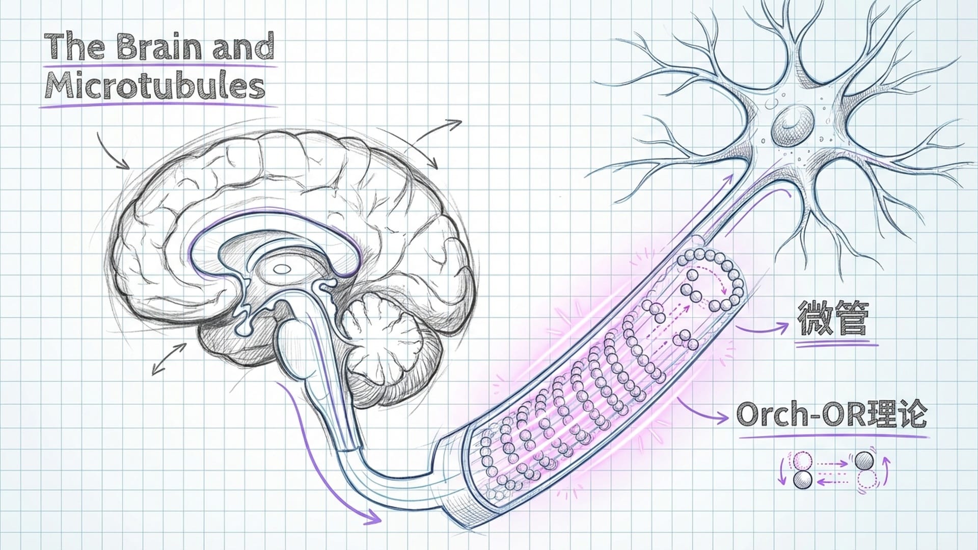 大脑内部解剖图，聚焦在细胞内部微小的‘微管(Microtubules)’，它们正在发出规律的亮光。