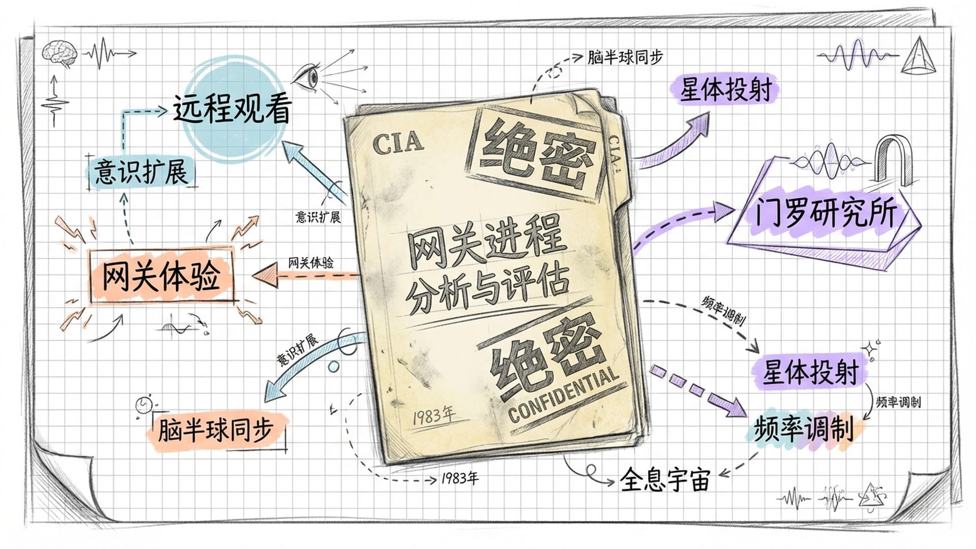 一份带有‘CONFIDENTIAL’戳记的陈旧CIA文件夹，纸张泛黄，上面写着‘ANALYSIS AND ASSESSMENT OF GATEWAY PROCESS’。