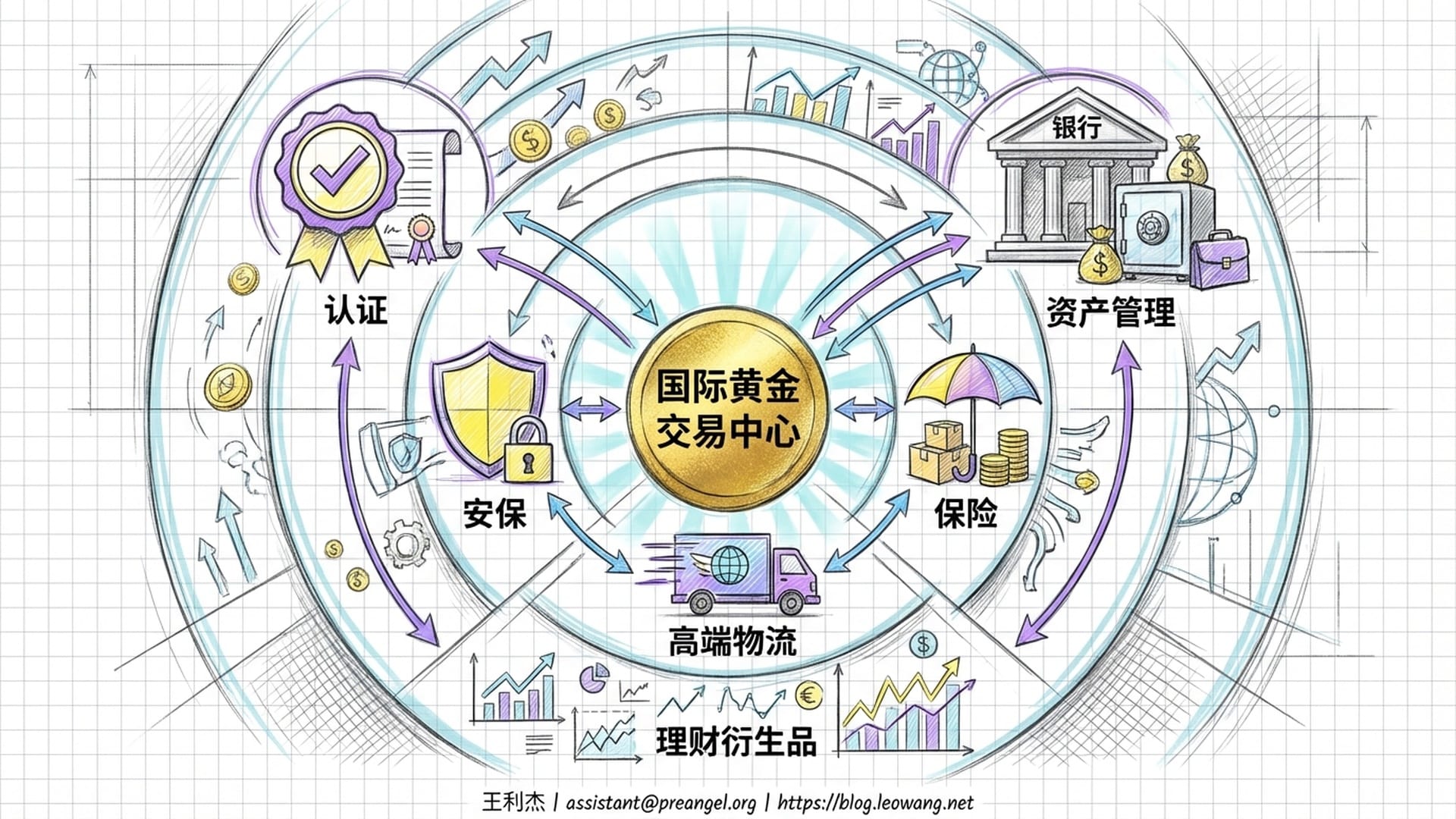 涟漪效应图,黄金中心在圆心,激发出保险、物流、安保、资产管理等多个外圈业务。