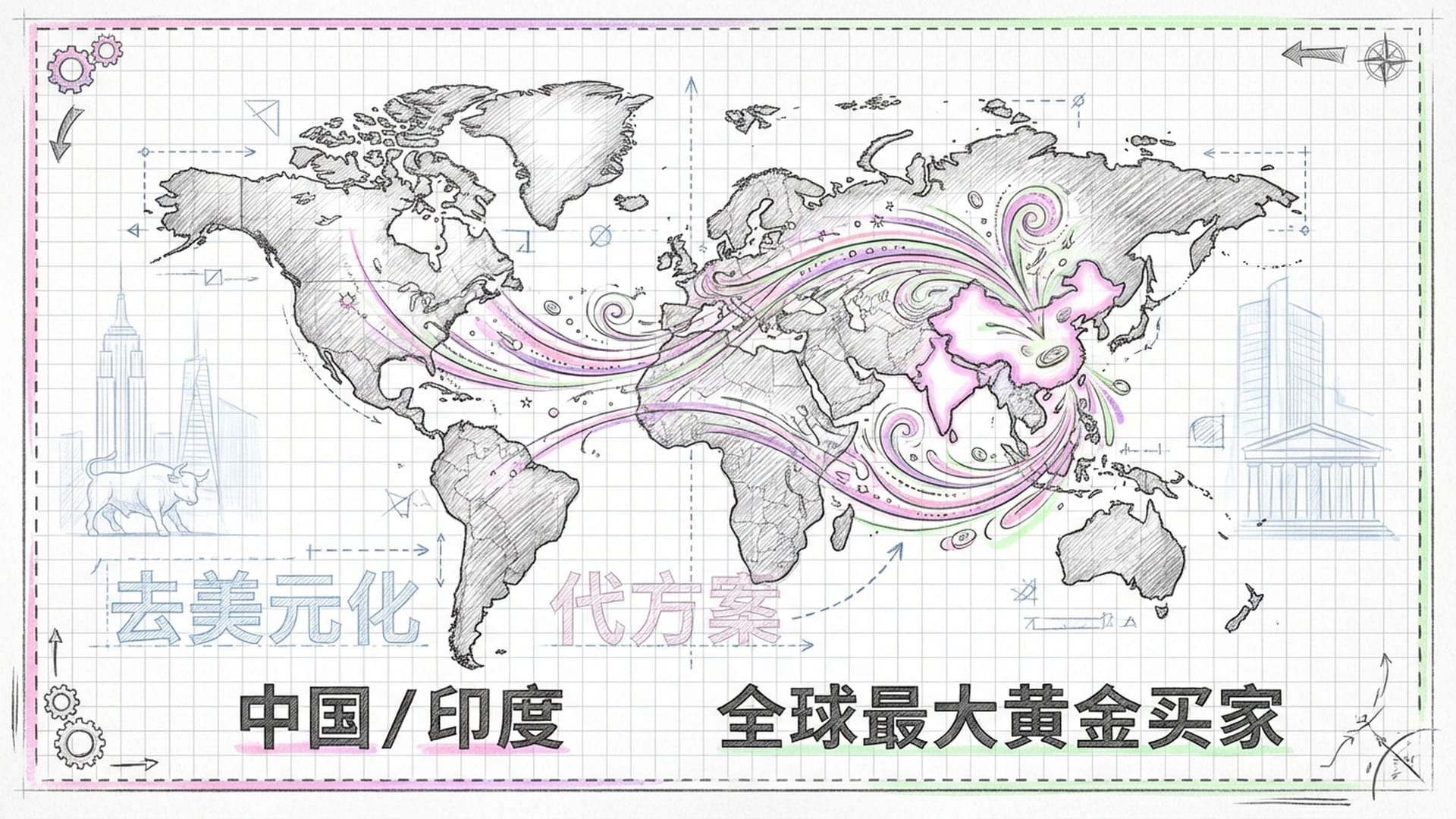 全球地图背景,中国、印度高亮显示,金粉汇聚向亚洲,华尔街和各国央行的剪影在背景隐现。