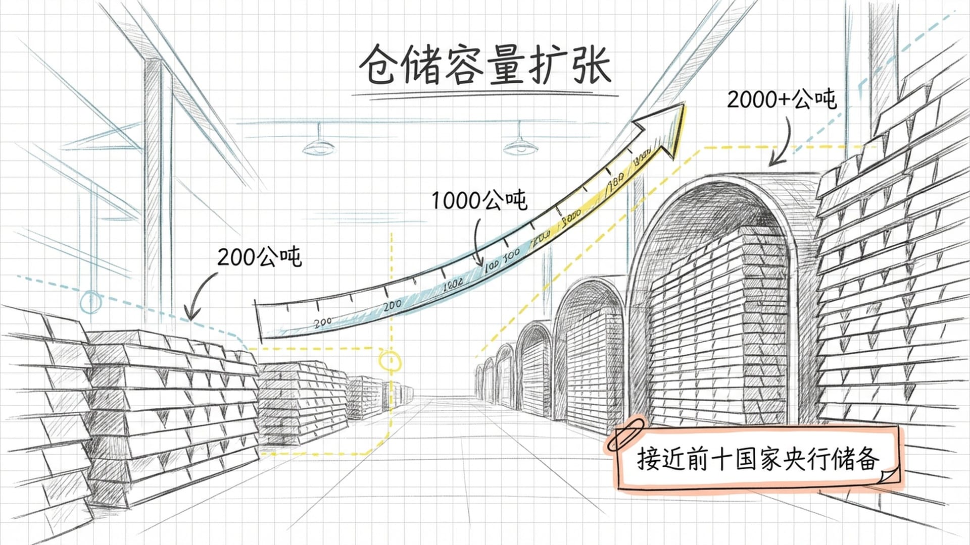 香港国际机场巨大的仓库内部视图,成堆的金砖如同城墙一样延伸到远方,充满震撼感。