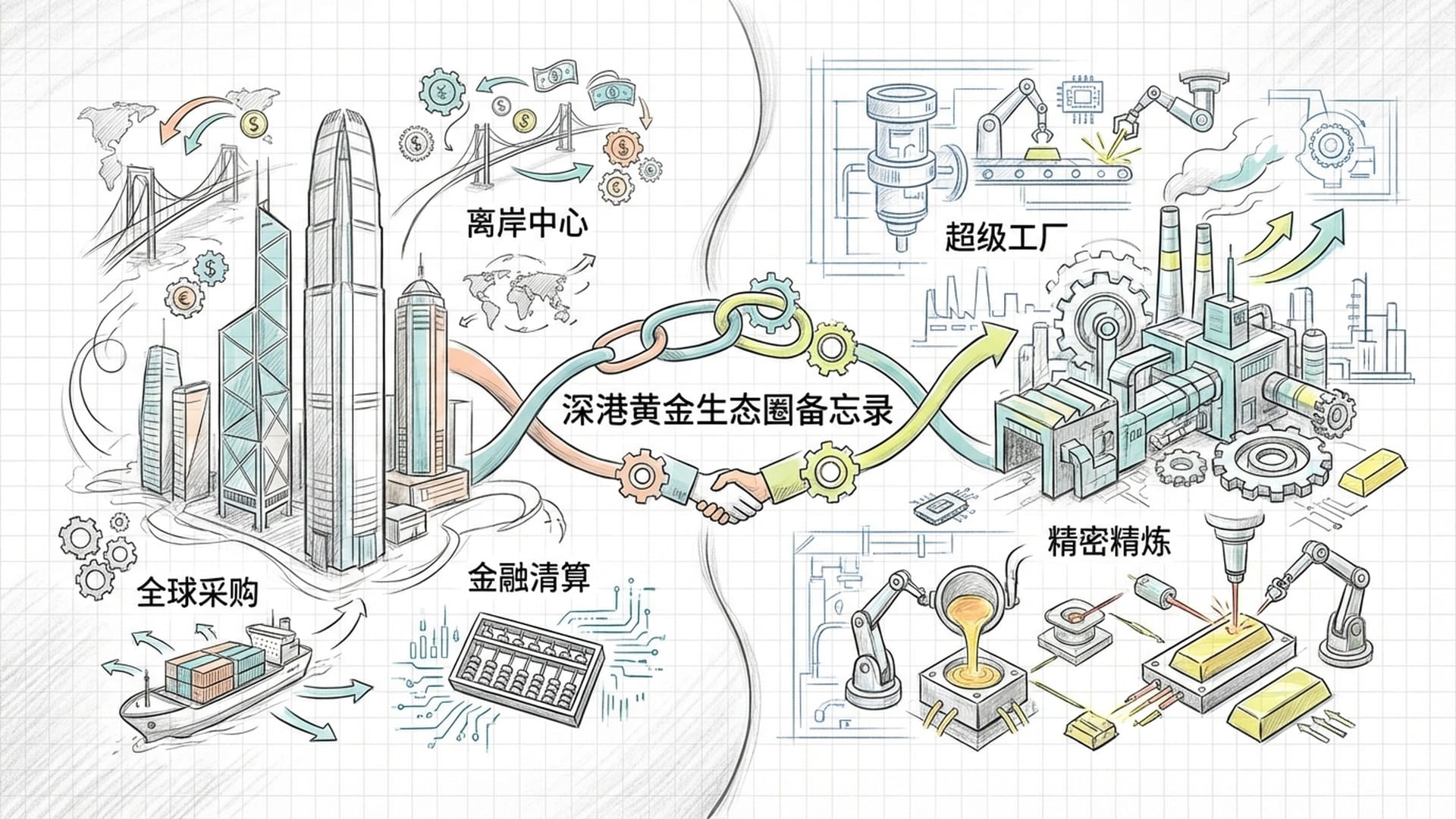 深港双城地图联动,香港侧显示为繁华办公楼,深圳水贝侧显示为精密的加工工厂。