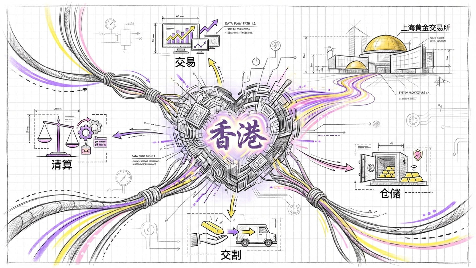 高科技数字清算系统示意图,复杂的线路汇聚成一个跳动的“金融心脏”,中央是香港字样。