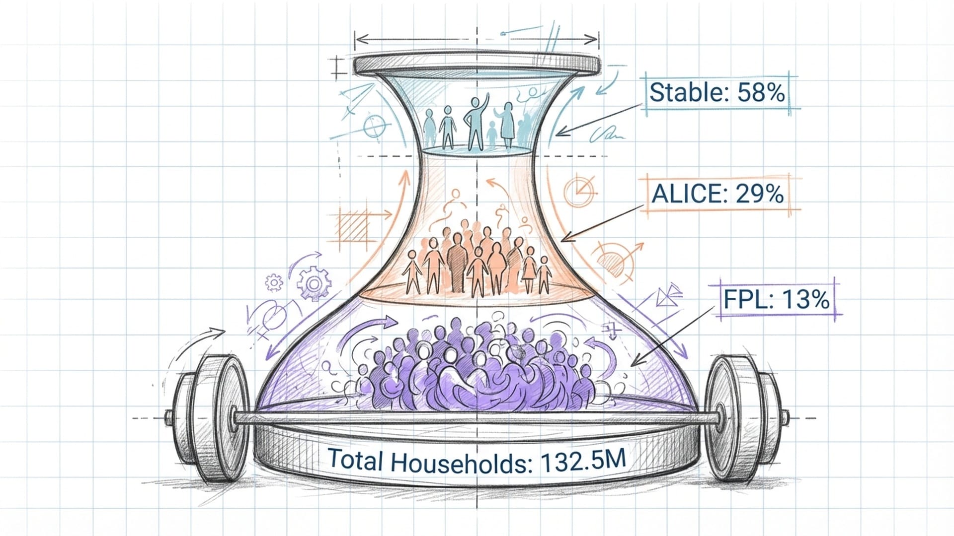 A barbell-shaped graphic showing massive wealth expansion on one side and a large, merging ALICE/Poor population on the other.