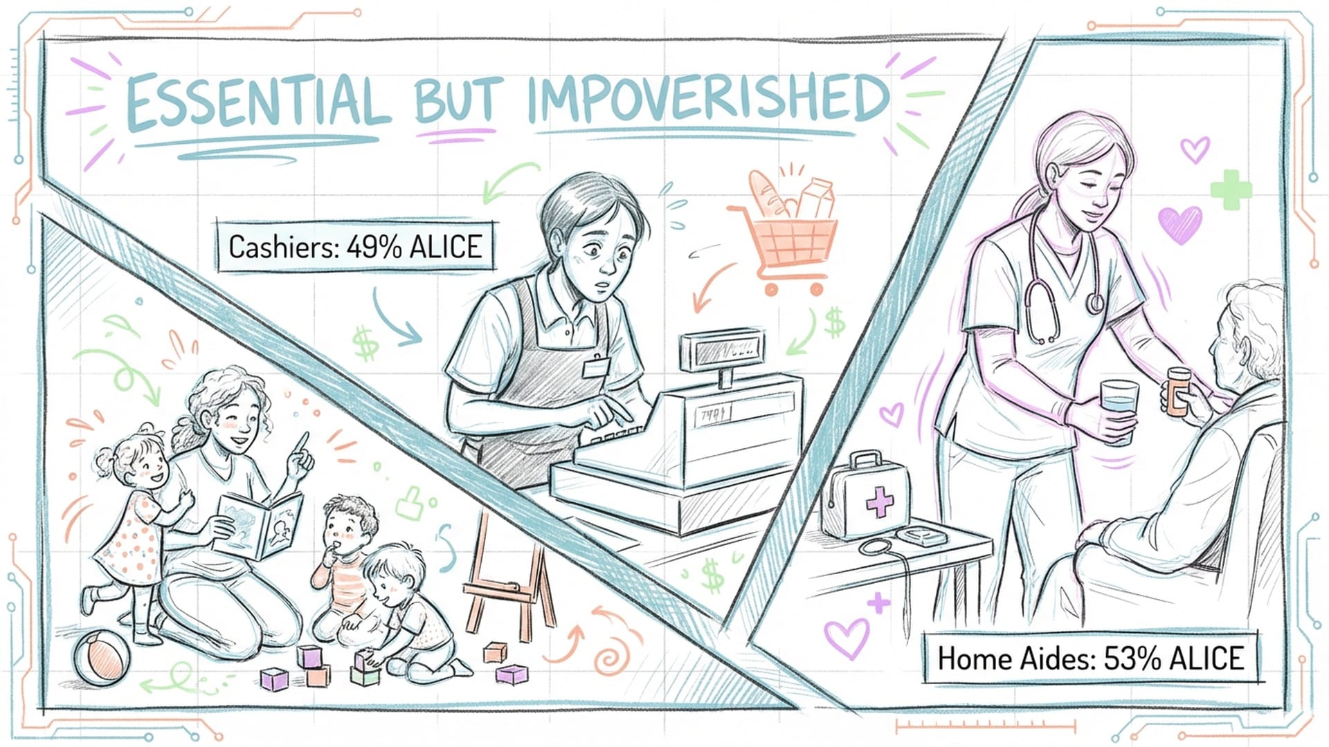 Portraits of a cashier, a home health aide, and a childcare worker in #a7d3db tones. Text: 'ESSENTIAL BUT IMPOVERISHED'.