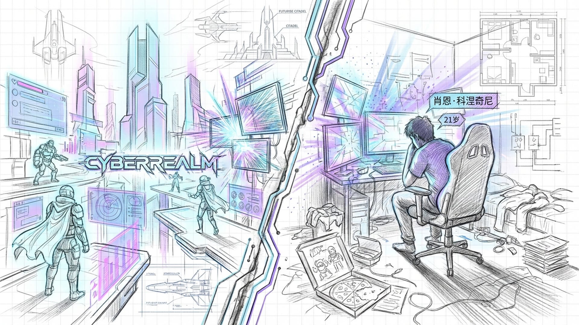 年轻人肖恩坐在昏暗房间里，面对多块显示器的强光，画面充满赛博朋克般的压抑感，呈现被虚拟世界吞噬的节奏。