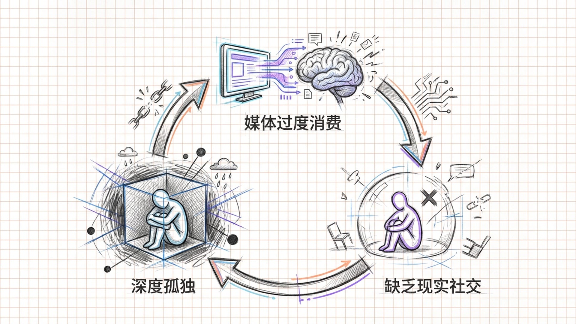 逻辑图示，展示媒体过度消费与社交能力退化的恶性循环，箭头连接屏幕与孤独的人。