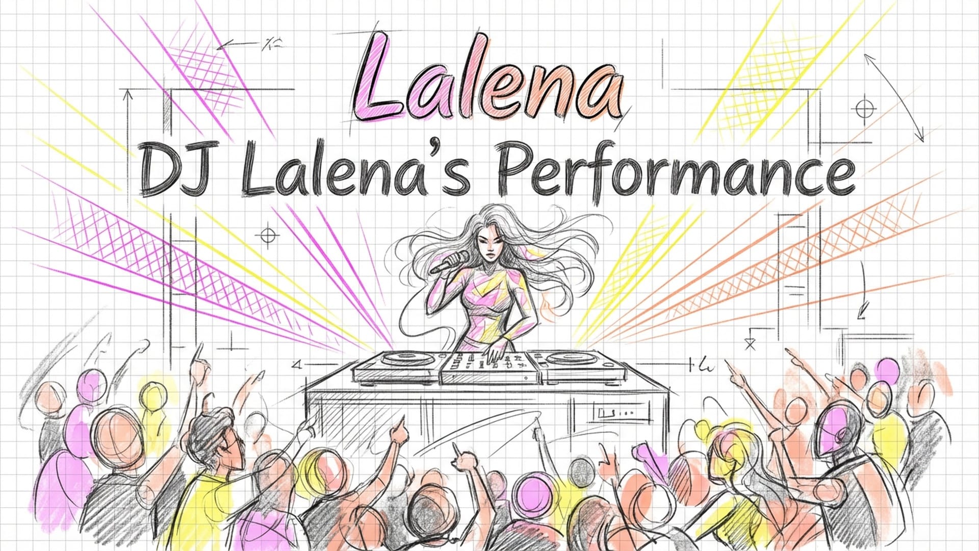 聚焦于一名酷炫的女性DJ在舞台上表演，周围是模糊的狂欢人群和镭射灯光，展现极高的视觉冲击力。