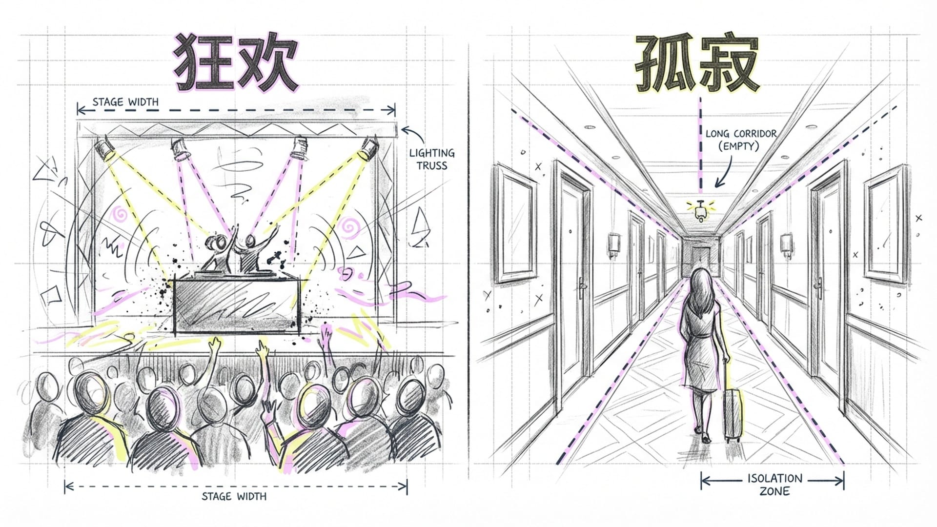 画面分割，一边是璀璨的舞台灯光，另一边是寂静灰暗的酒店走廊，Lalena孤独的背影。