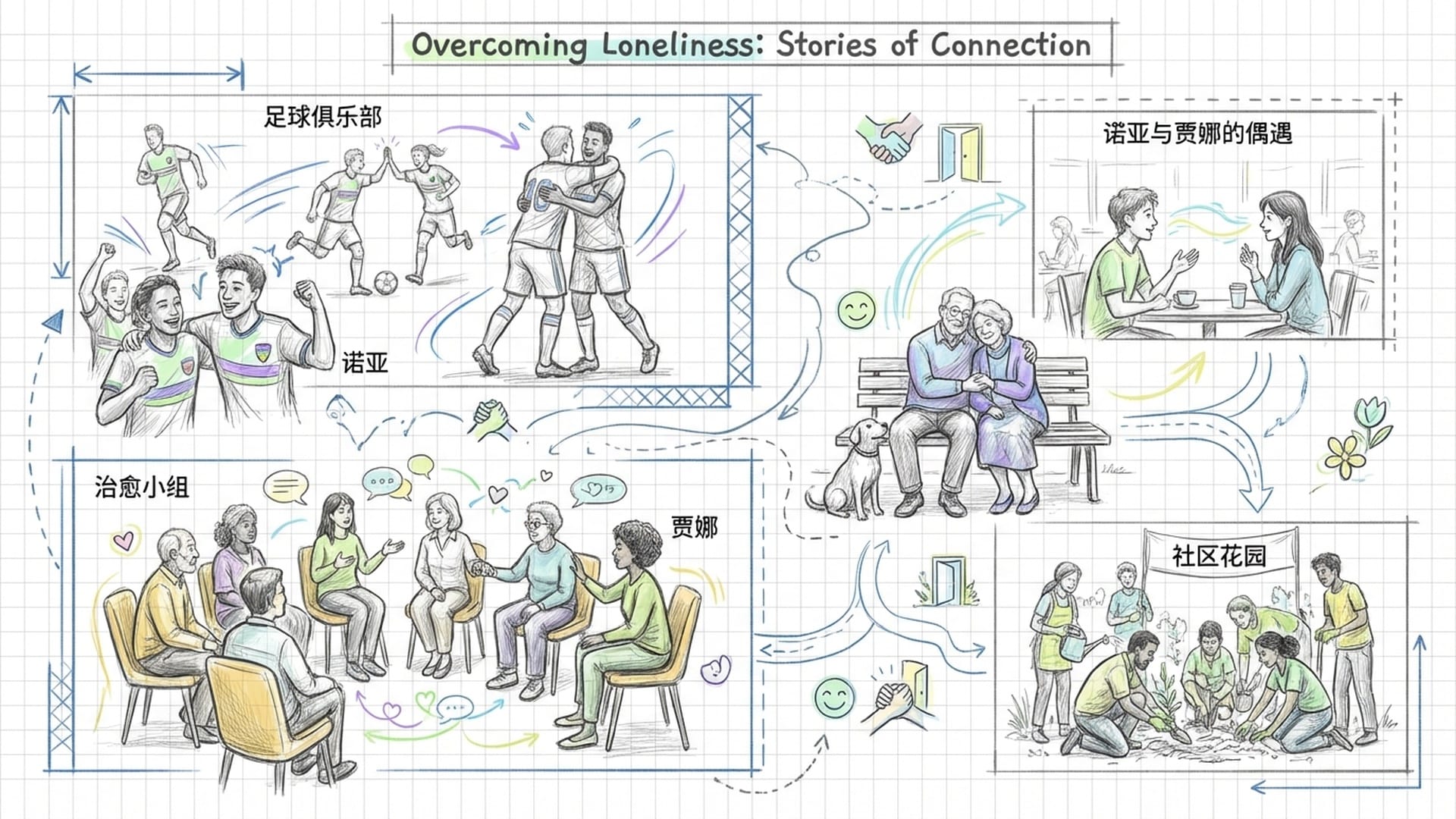 一组温暖的群像，不同的人们在足球场、互助小组里彼此拥抱、交谈，光线温润。