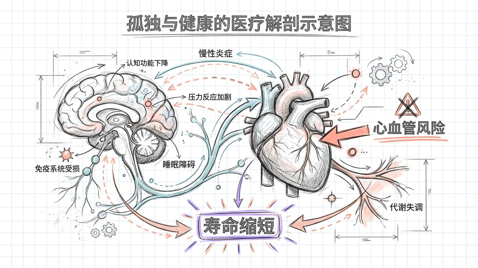 医学解剖风格图示，展示孤独对心脏、大脑（血管与神经）的影响，色调严肃，充满警示性。