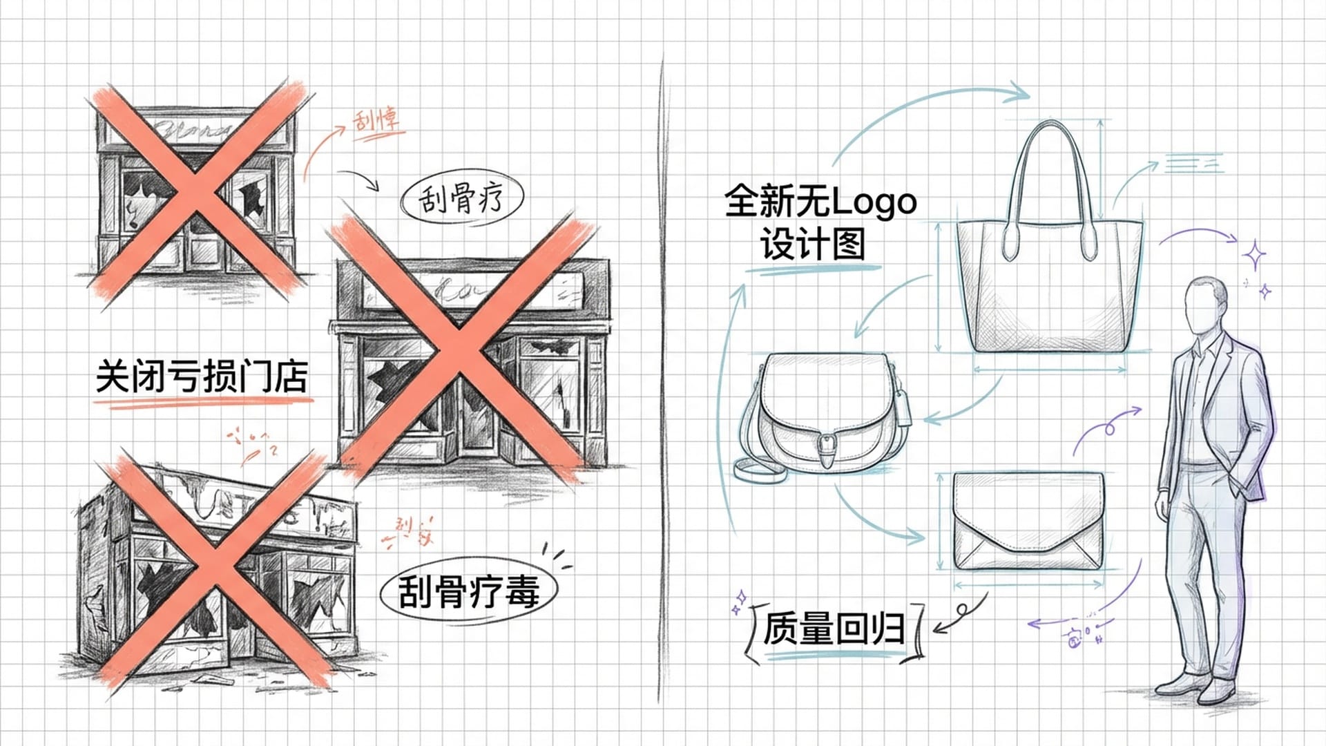 创意总监Stuart Vevers的剪影，背景是全新的简约包袋设计，去掉大Logo