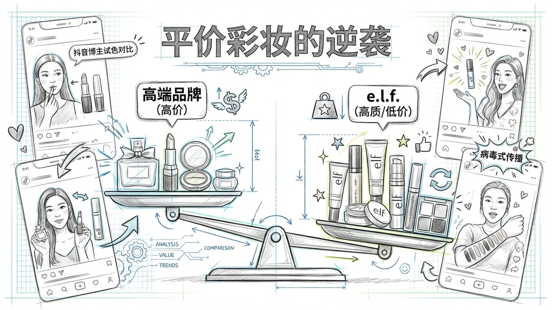 平价彩妆的流水线与高端产品在天平两端，天平向e.l.f.倾斜，背景是TikTok各种博主的试色对比视频