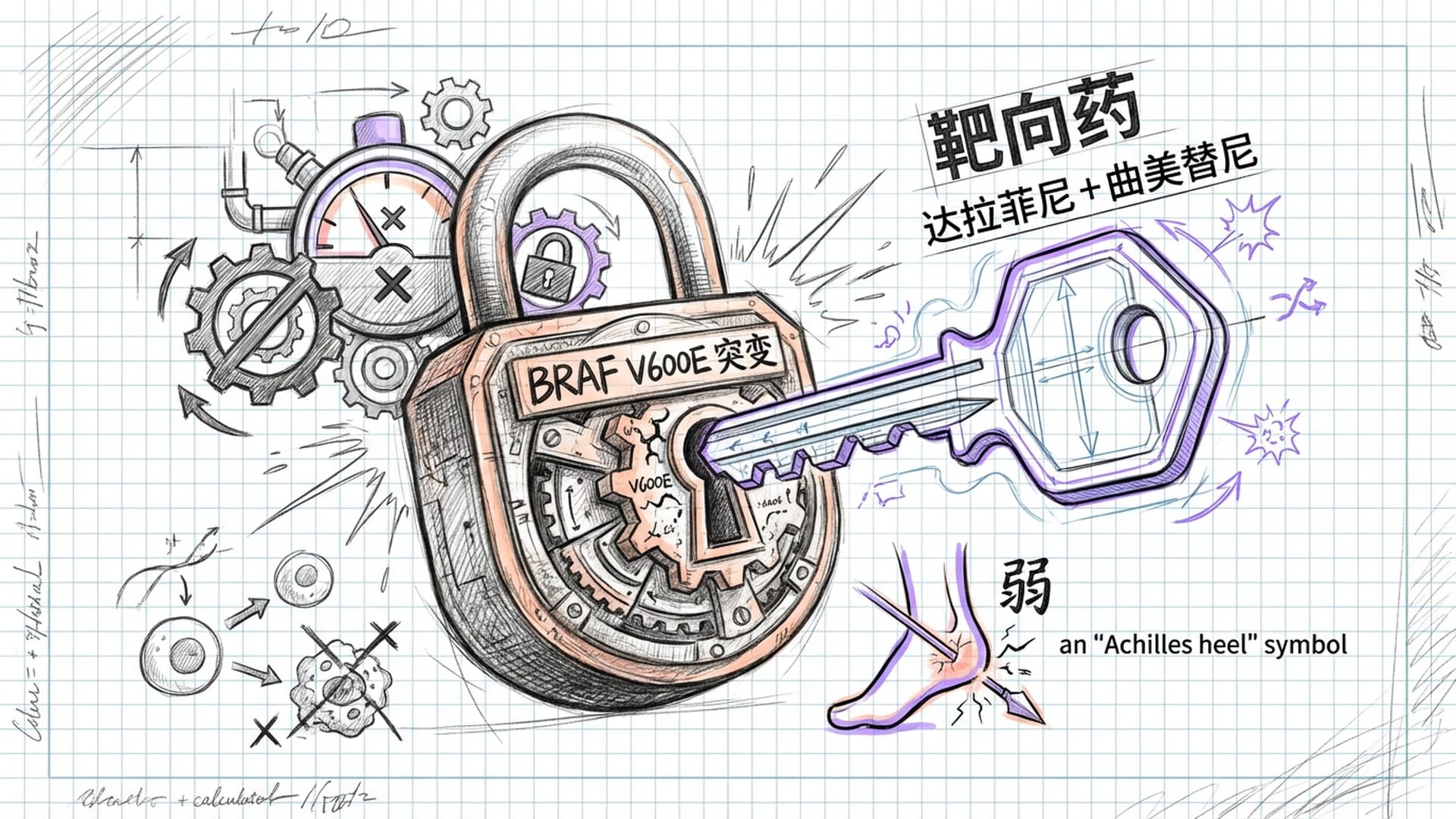 一把精准的钥匙插入特定的BRAF突变锁头，癌细胞的动力装置被锁死。