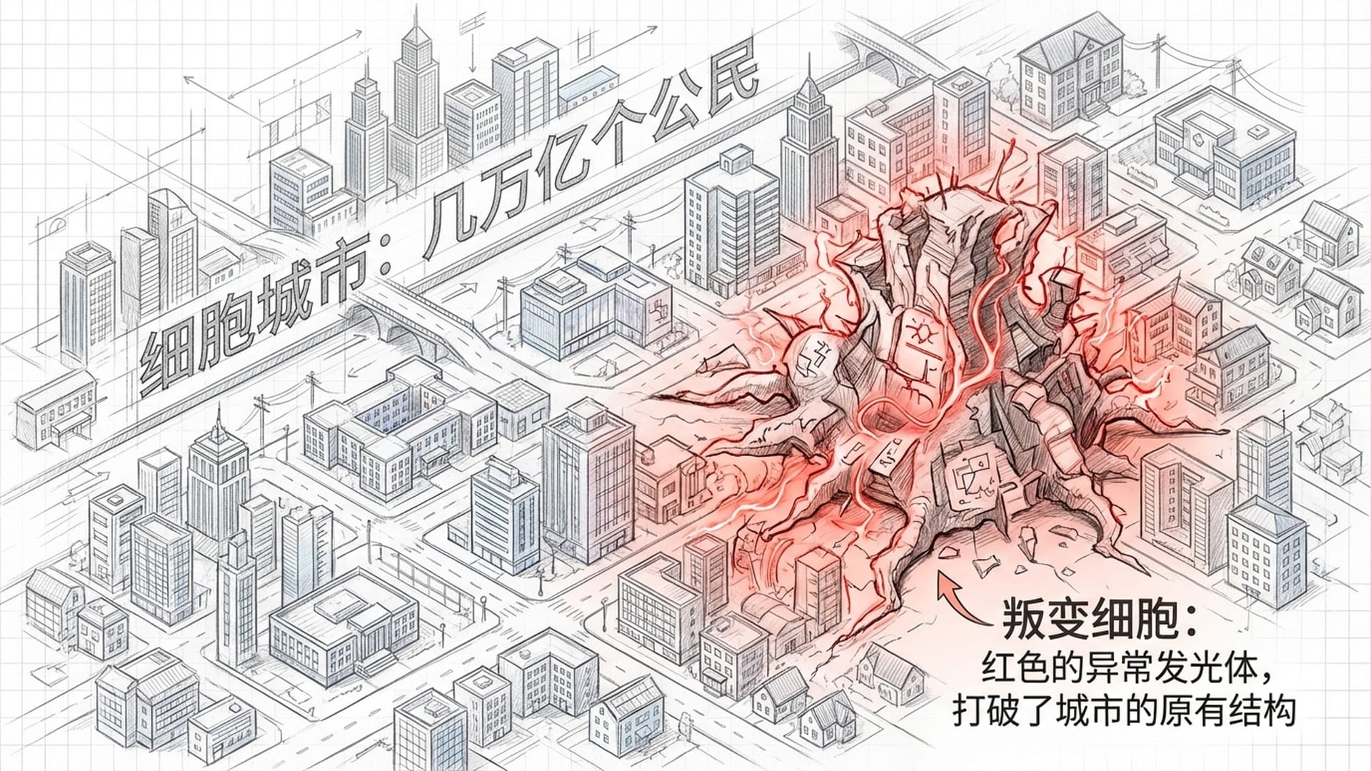 细胞城市：几万亿个公民；叛变细胞：红色的异常发光体，打破了城市的原有结构。