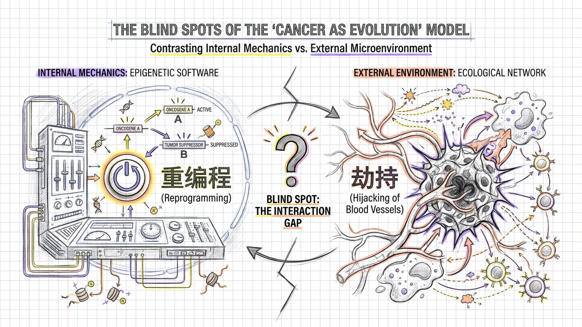 细胞内部的软件编程面板（表观遗传）与复杂的外部微环境（免疫细胞、血管）。