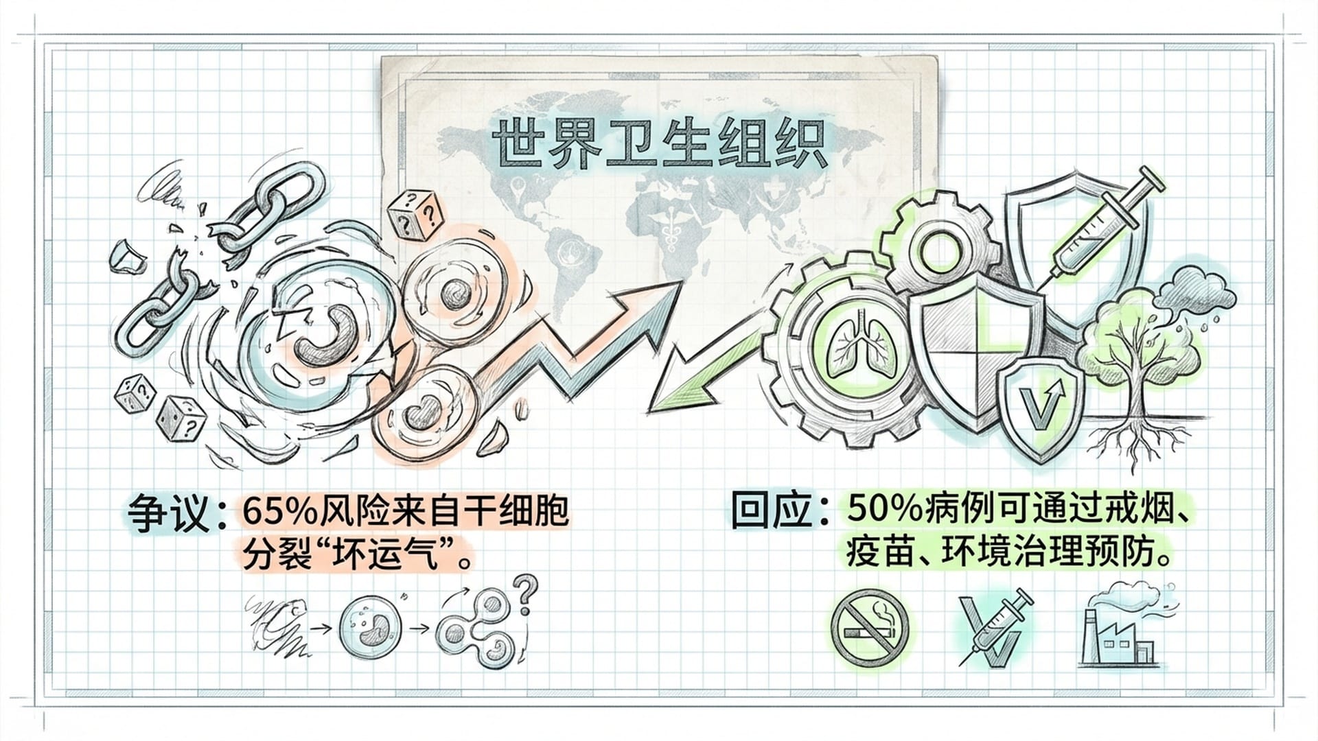 ‘坏运气’概念与‘可预防机制’在屏幕两侧博弈，背景是世界卫生组织的报告。