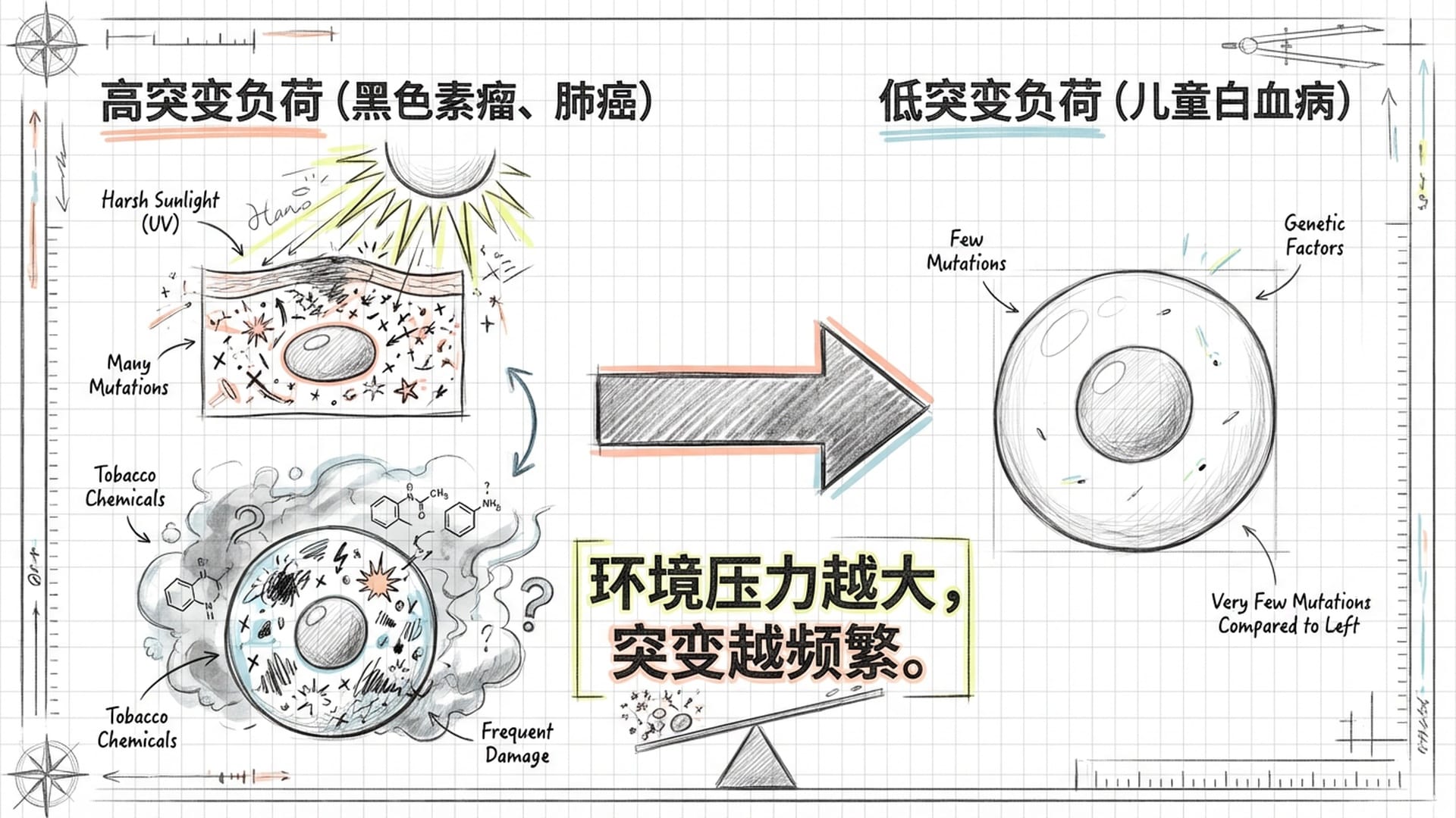 对比日光下的皮肤癌细胞和布满烟草化学物质的肺癌细胞中的突变点分布。