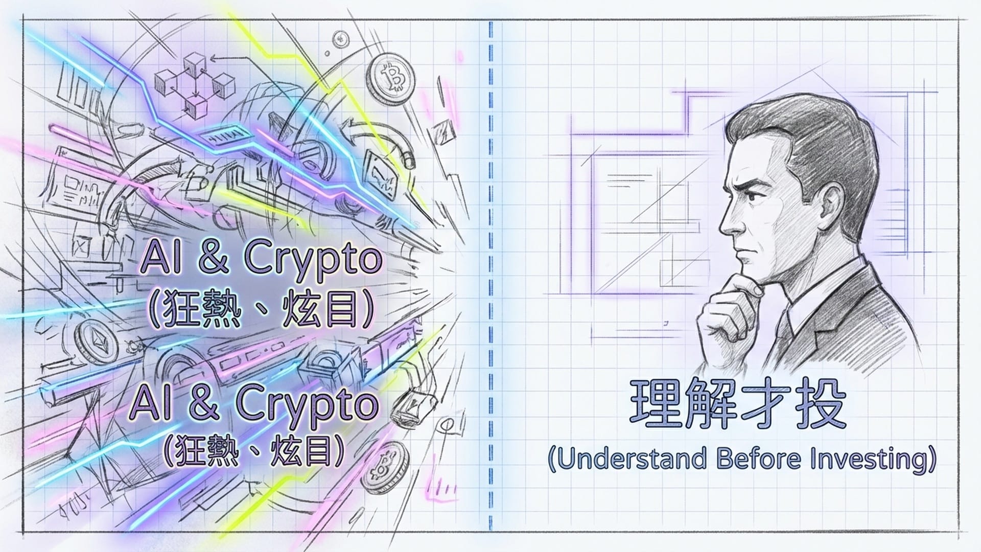 AI霓虹光影与加密货币的赛博感画面，前景是罗杰斯冷静观察的侧脸，他保持了一定距离。