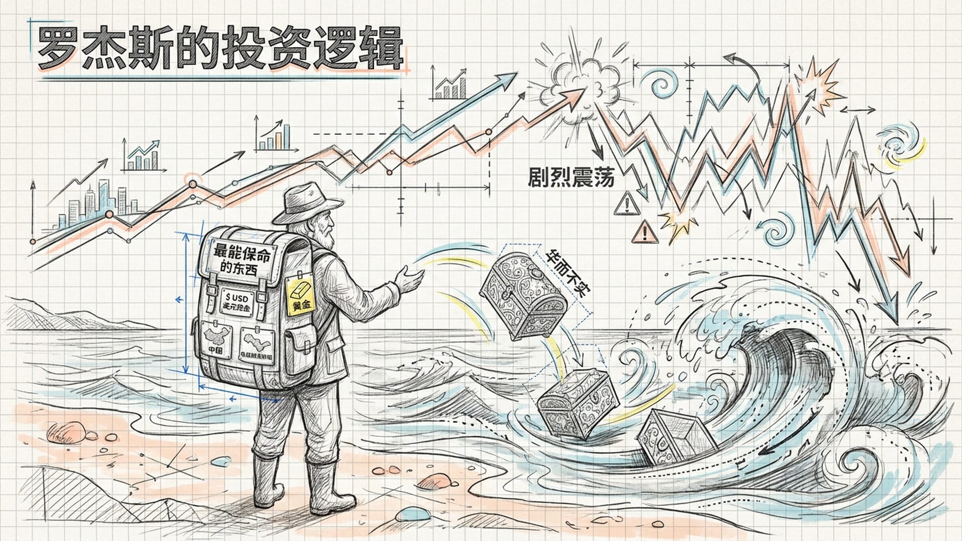 一位老者在风暴前的海边，将华丽的箱子扔掉，只背着一个坚实的求生包。背景是波涛汹涌的全球金融市场趋势线。