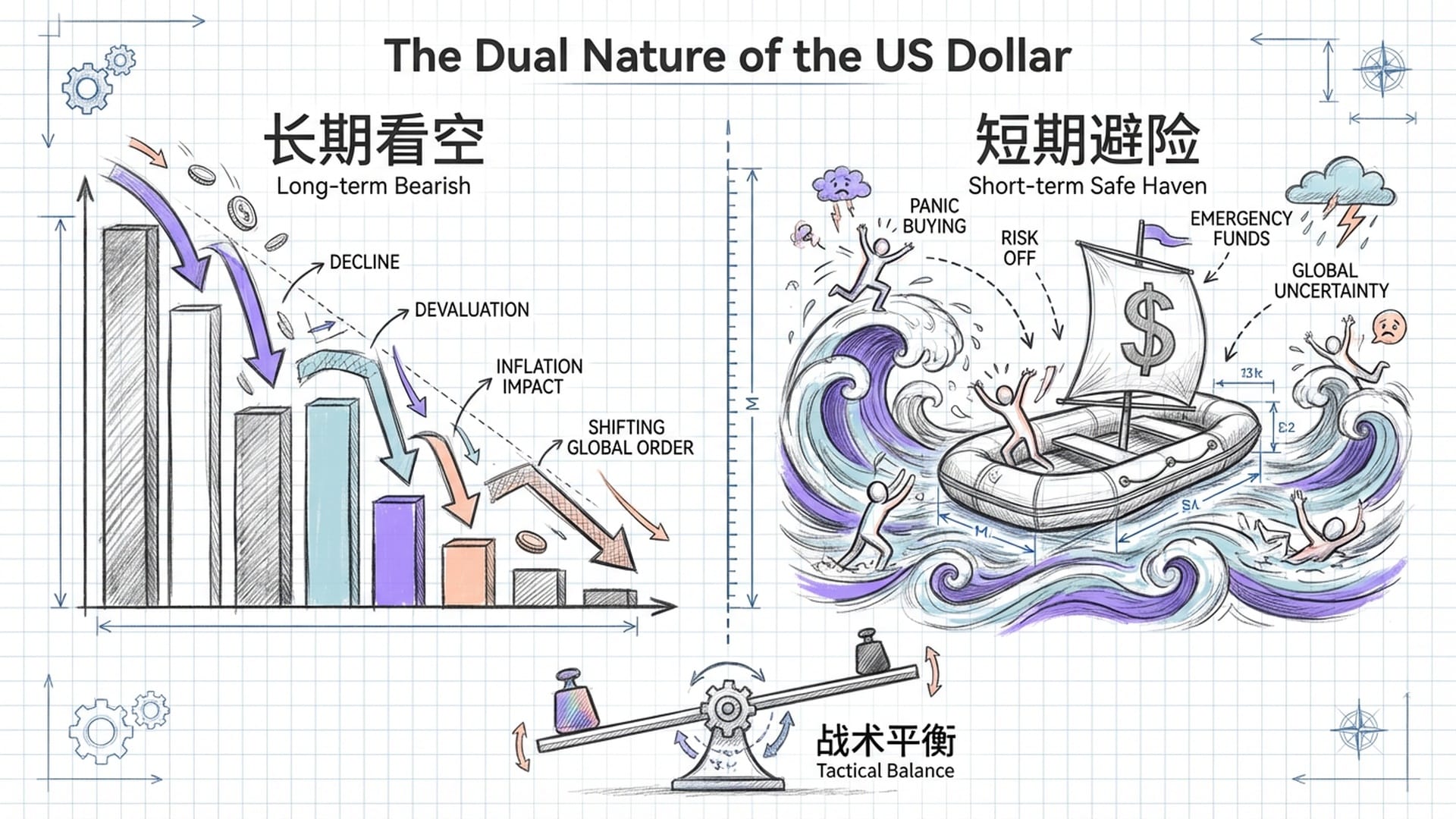 左右对照图。左边是长期的美元贬值瀑布图，右边是动荡时期人们争相购买美元作为救生艇的场景。