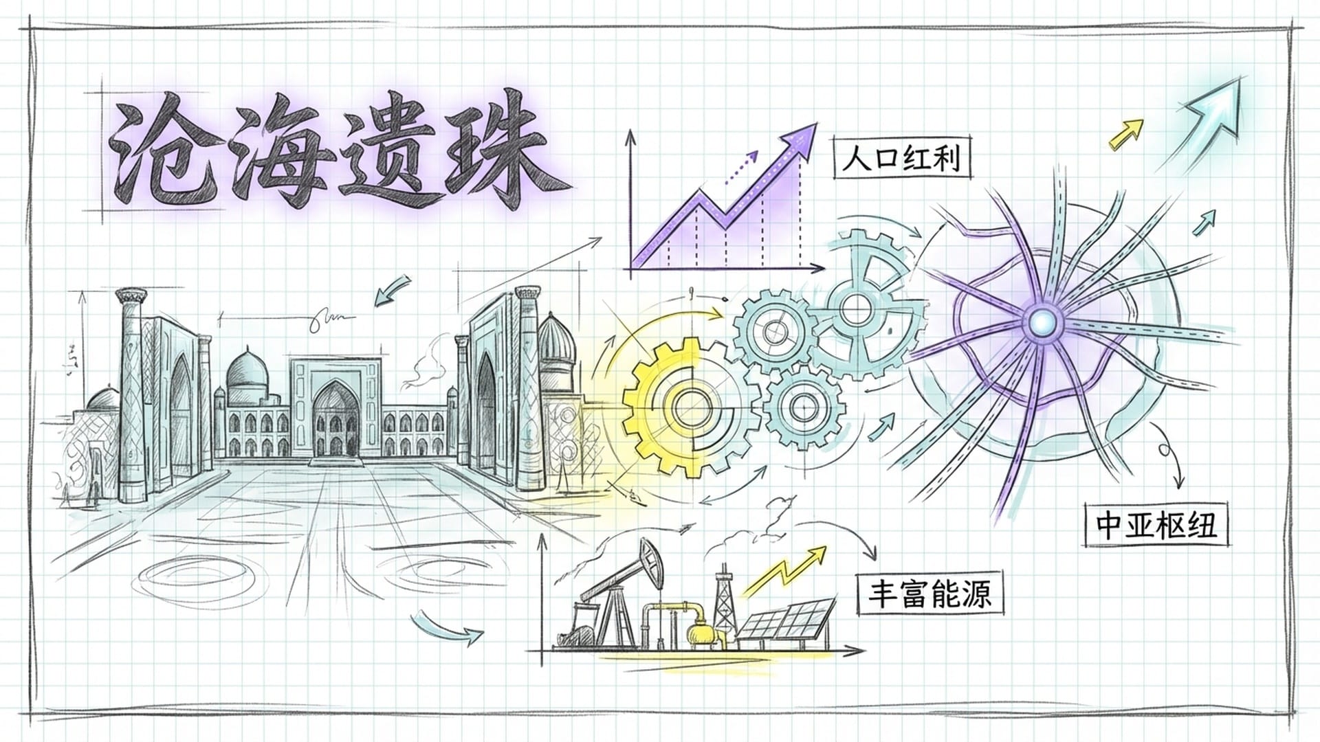 乌兹别克斯坦的丝绸之路古城剪影与现代工业齿轮、人口增长曲线图叠加。