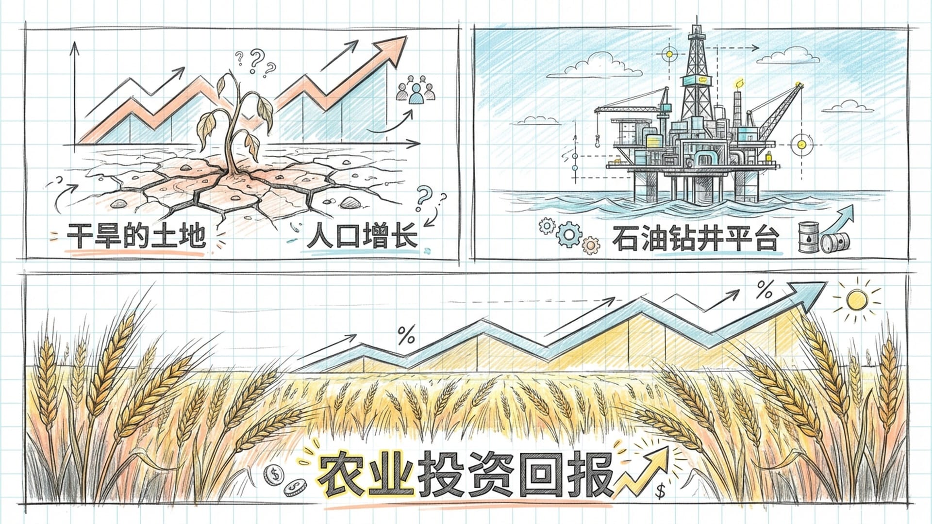 广袤的农田，成熟的麦穗与大型化石燃料工厂共存，象征资源类资产的护城河。