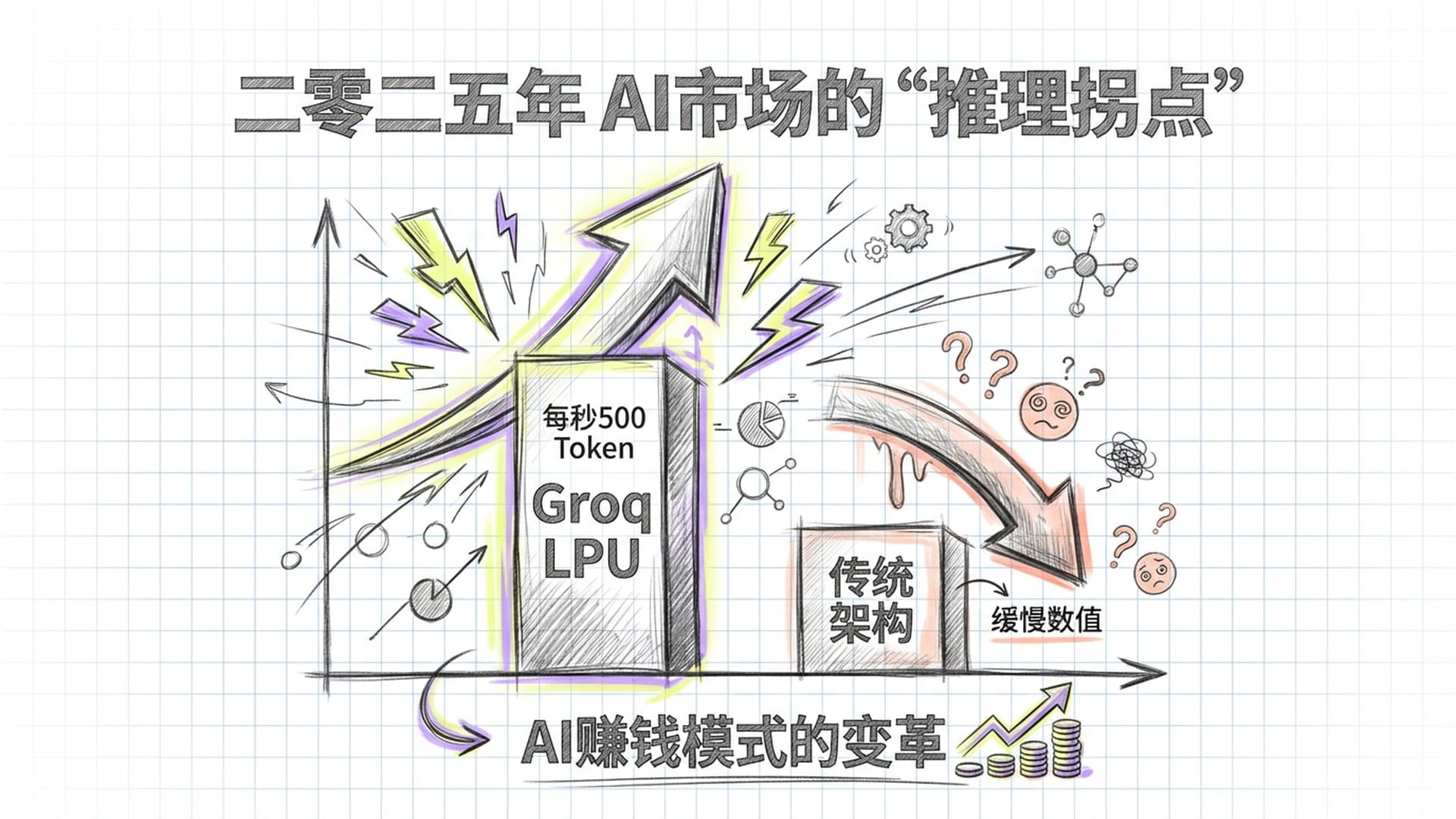 对比图表。二零二五年AI市场的‘推理拐点’。Groq的LPU每秒500 Token对比传统架构的缓慢数值，形成巨大落差。