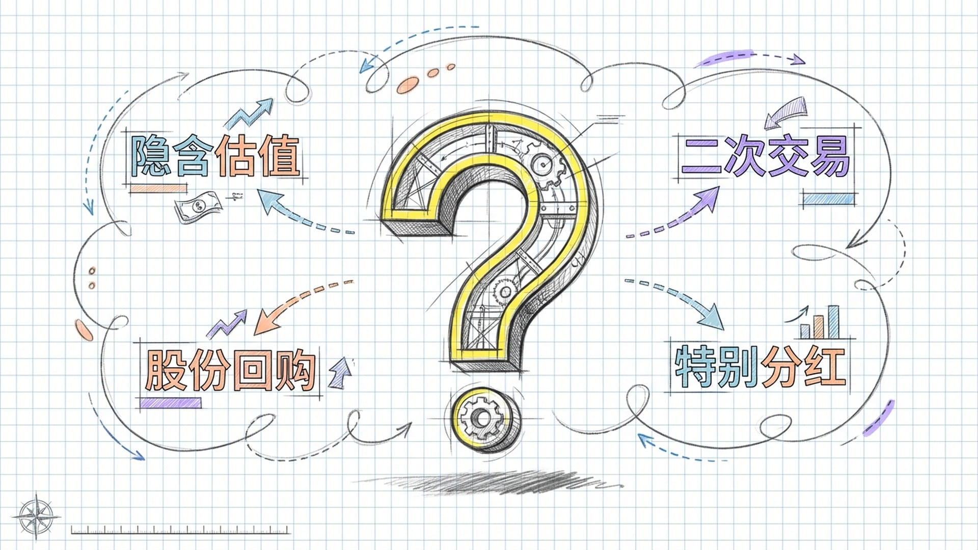 焦点中心。投资人的疑惑：钱怎么回来？背景是VC大佬在谈判桌前，四周是‘隐含估值’、‘股票对价’等关键词浮现。