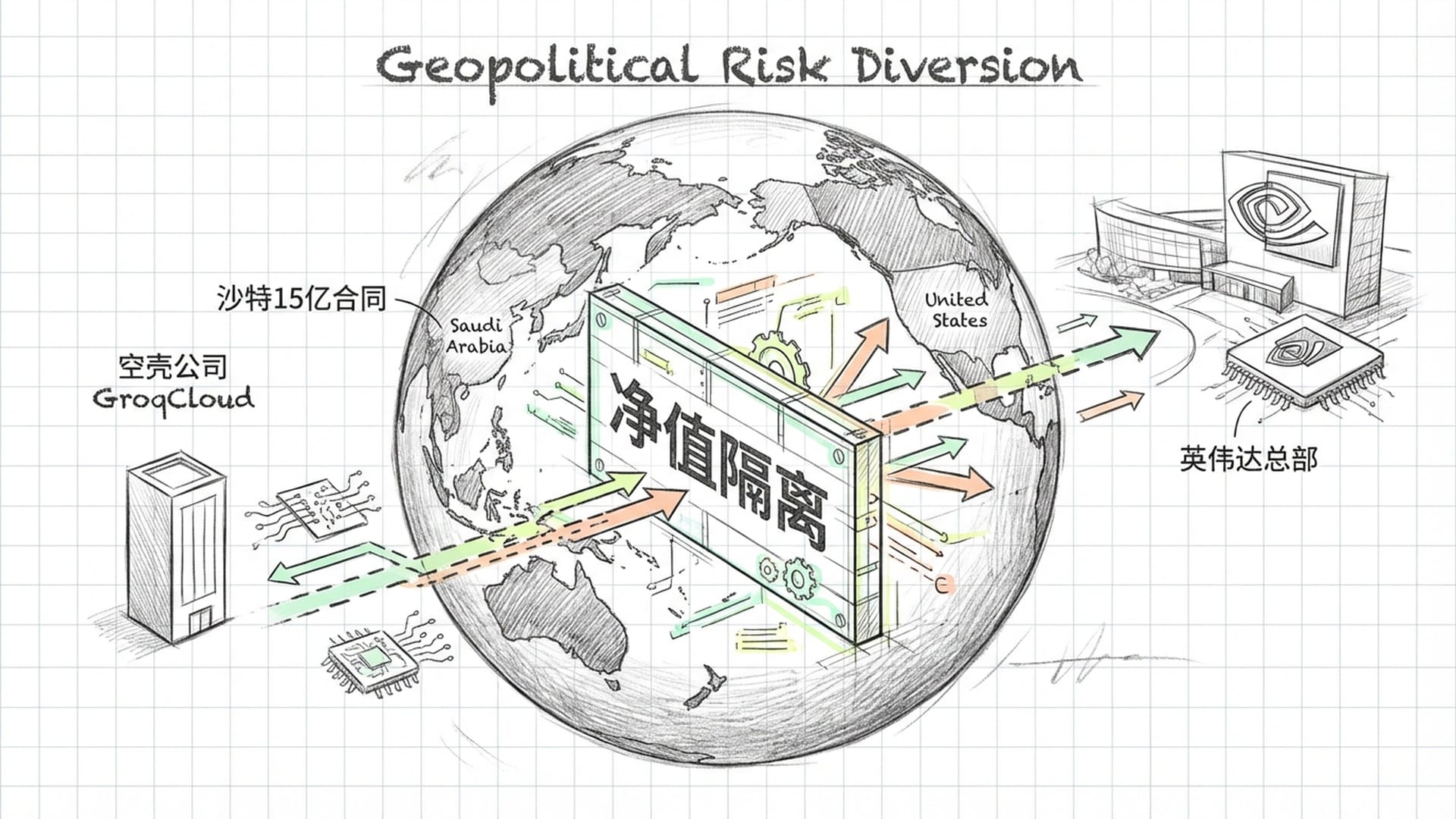 地球仪视角。沙特阿拉伯与美国的连接线。由于模型是授权和人才转移，连接线在法律上被隔离在空壳公司GroqCloud中。