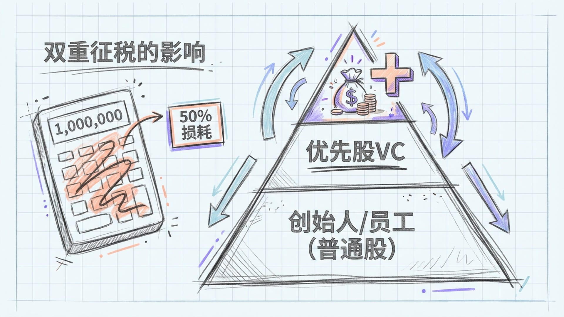 金字塔结构图。自下而上展示初创公司如何通过股份回购和特别分红分钱。顶端是拿着‘优先清算权’的VC。
